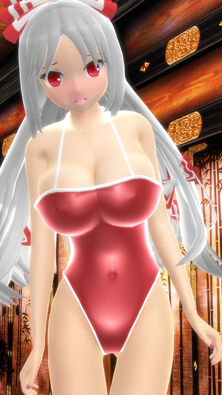 1girls 2023 3d adult_female belly_button below_view bending_forward breasts clavicle cleavage fujiwara_no_mokou hati_yukkuri_mmd head_tilt human indoors light-skinned_female long_hair_female looking_at_viewer mmd open_mouth red_eyes red_swimsuit ribbons solo_female solo_focus swimsuit touhou white_hair_female