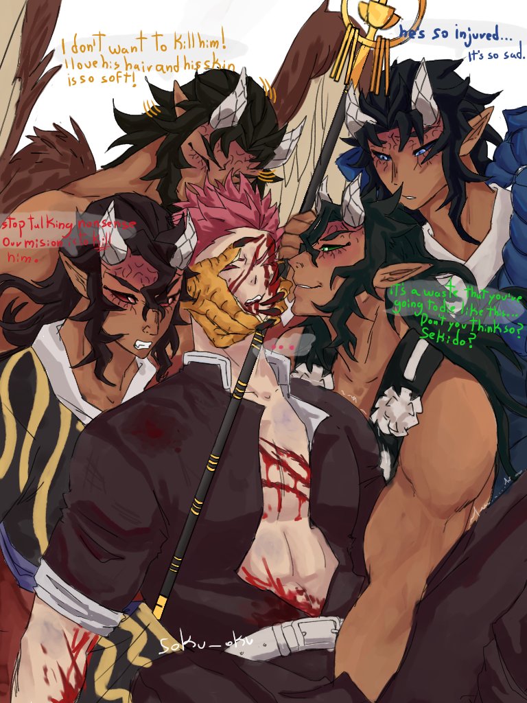 5boys aizetsu akaza_(kimetsu_no_yaiba) avian avian_humanoid before_sex blood blood_on_face blood_stain blue_eyes blue_sclera captured demon demon_boy demon_horns demon_humanoid demon_slayer demon_slayer_uniform dominant dominant_male domination english_text gay gay_domination green_eyes green_sclera hand_in_pants hantengu horny horny_male japanese japanese_clothes japanese_clothing japanese_male karaku kimetsu_no_yaiba long_bangs long_hair long_hair_male male male_focus male_only male_penetrating male_rape male_raping_male muscles muscular muscular_male pointy_ears rape raped_by_enemy raped_by_monster raped_male red_eyes red_sclera scar scar_on_chest scars_all_over sekido sharp_teeth submissive submissive_male talon_hands talons tan-skinned_male tan_skin upper_moon urogi wings yaoi