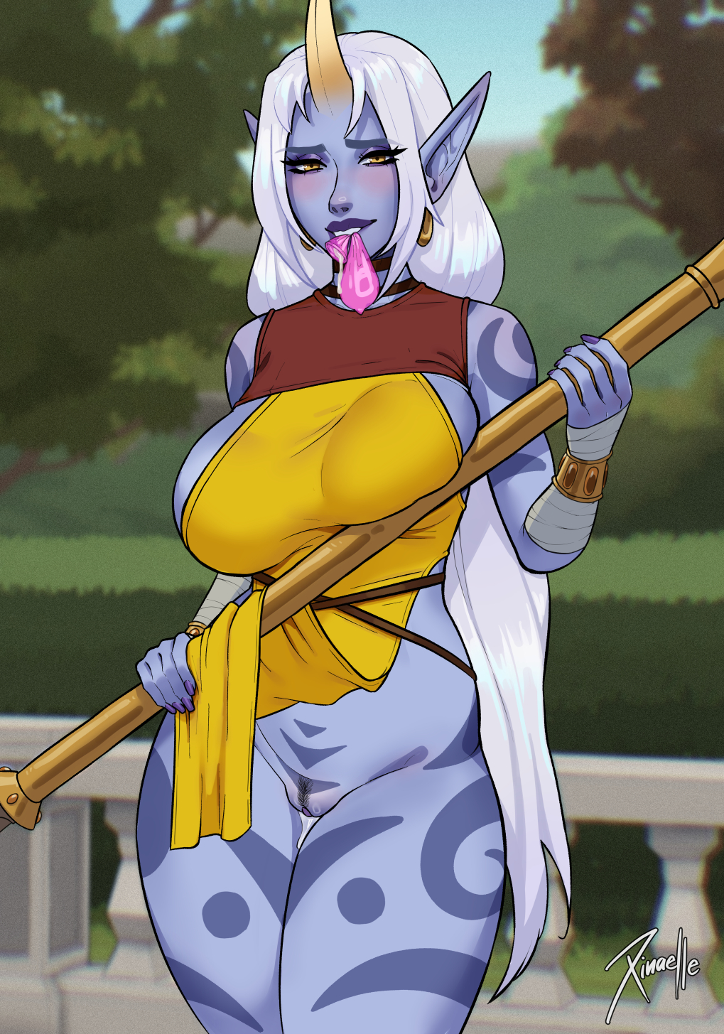 1girls alternate_version_available bottomless condom condom_in_mouth female horn league_of_legends soraka staff xinaelle