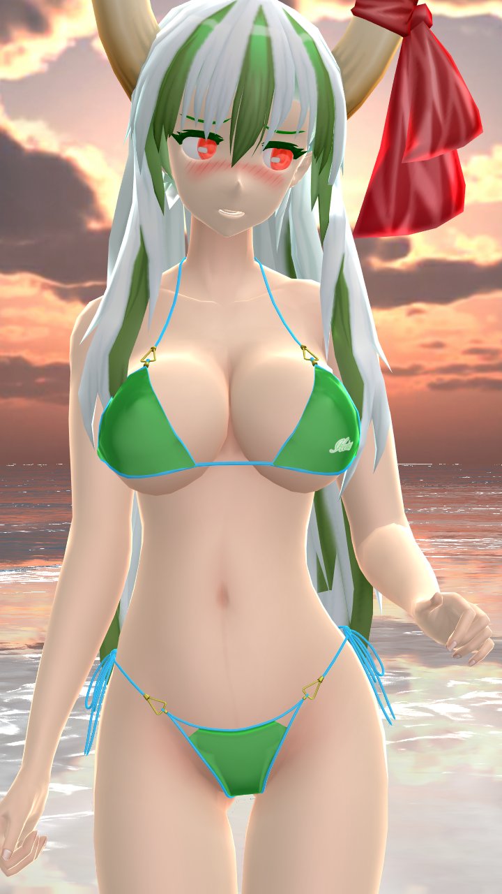 1girls 2023 3d beach belly_button bikini blush bovine_humanoid breasts clavicle cleavage clouds green_bikini hakutaku hati_yukkuri_mmd hips horns keine_kamishirasawa light-skinned_female lycanthrope mature_female mmd outdoors red_eyes red_ribbon shy sky solo_female solo_focus sunset swimsuit touhou waist water youkai