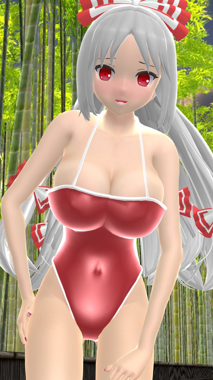 1girls 2023 3d adult_female bamboo belly_button bending_forward blush breasts cleavage fujiwara_no_mokou hati_yukkuri_mmd human light-skinned_female long_hair_female looking_at_viewer mmd open_mouth outdoors red_eyes red_swimsuit ribbons solo_female solo_focus sunset swimsuit touhou white_hair_female