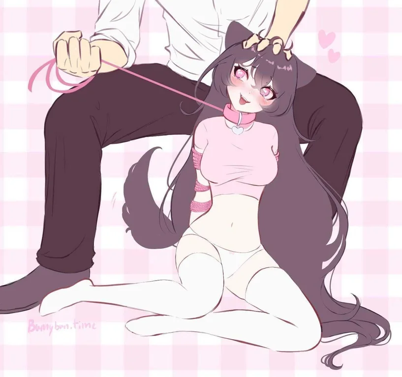 animal_ears arms_tied_behind_back collar leash leash_pull restrained submissive_female thighhighs