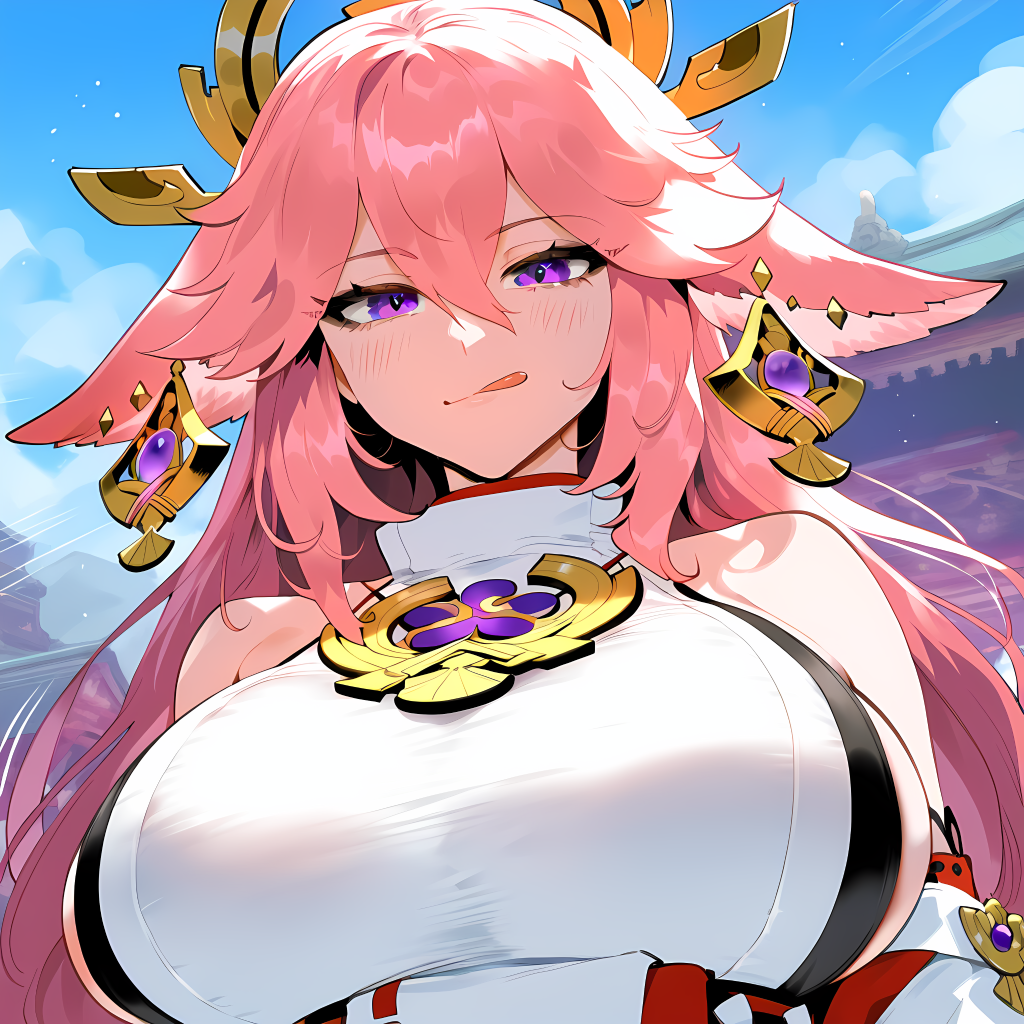 ai_generated animal_ears blush breasts female genshin_impact huge_breasts juuicyai pink_hair purple_eyes sweat yae_miko