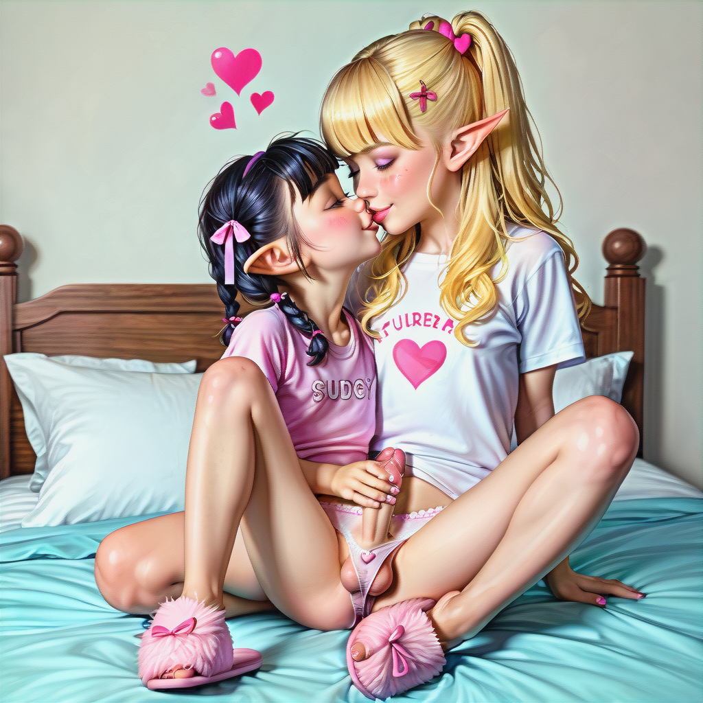 2girls ai_generated cub elf elf_cub elf_ears hand_job hand_on_penis heart kissing penis