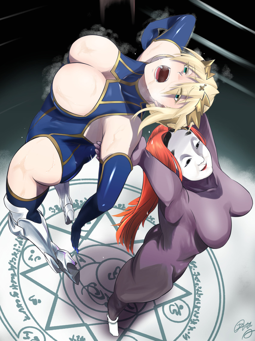 2girls absurdres artoria_pendragon_(fate) ass blonde_hair blue_gloves braid breasts catfight cleavage commentary_request commission cross crown crucifix crucifix_hold elbow_gloves fate/grand_order fate_(series) french_braid gloves green_eyes hanabusa_(xztr3448) highleg highres large_breasts leotard magic_circle mask multiple_girls open_mouth original pixiv_commission red_hair ryona sleeveless sleeveless_turtleneck sleeveless_turtleneck_leotard thighhighs turtleneck wrestling