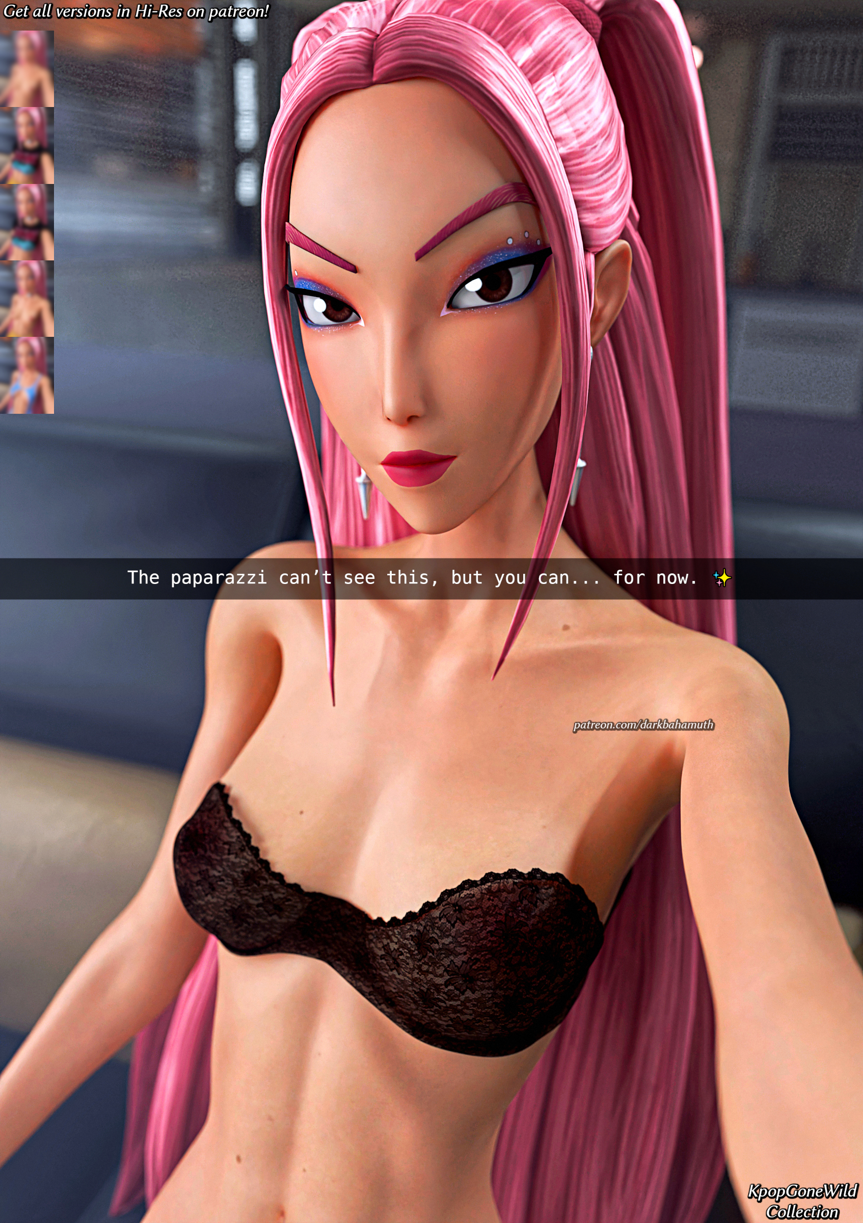 1girls, 3d, 3d (artwork), bra, darkbahamuth, female, idol, korean, kpop demon hunters, lingerie, mira (kpop demon hunters), pinup, selfie, skinny, slim, snapchat, text