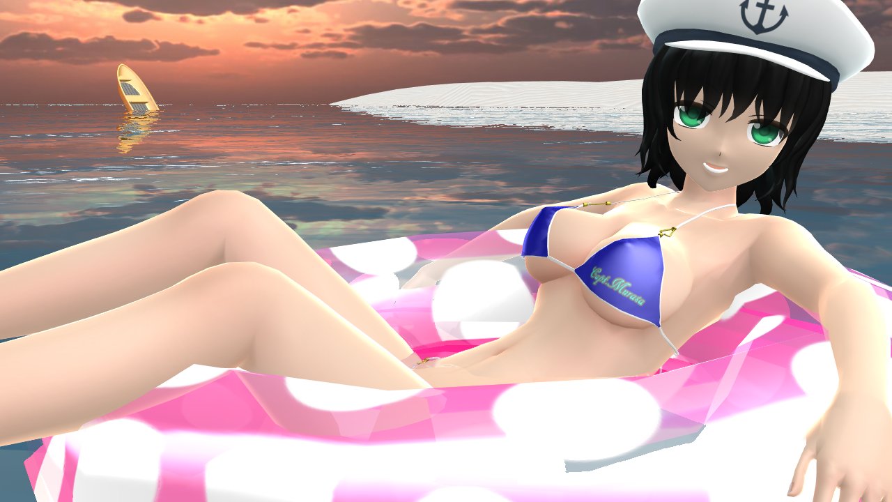 1girls 2023 3d armpit beach belly_button bikini black_hair_female blue_bikini boat breasts clavicle cleavage clouds floatie ghost_girl green_eyes hat hati_yukkuri_mmd headwear jpeg light-skinned_female looking_at_viewer minamitsu_murasa mmd open_mouth outdoors sailor_hat sand short_hair_female side_boob sky solo_female solo_focus spirit sunset touhou water