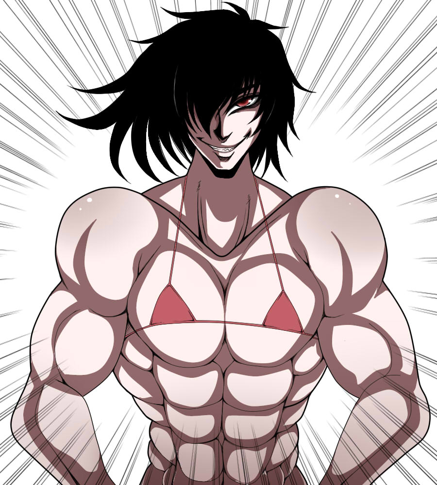 1boy alucard bikini black_hair hellsing hikora male_only muscles red_eyes