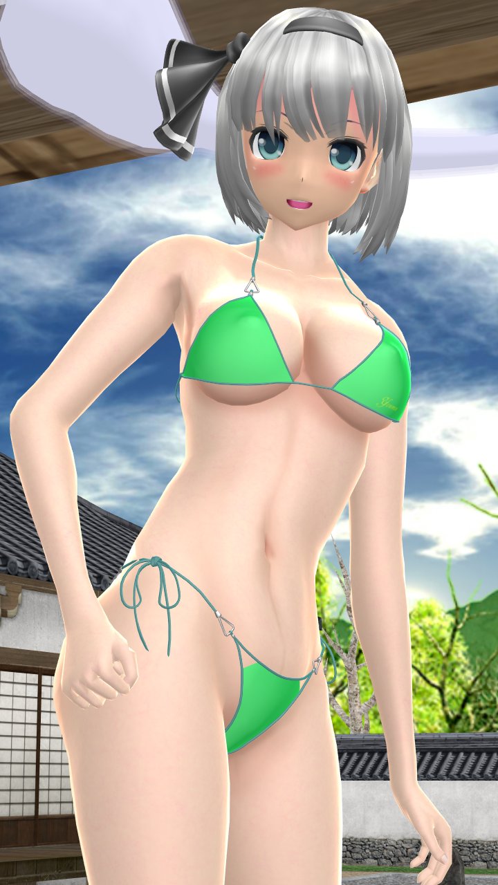 1girls 2023 3d armpit belly_button bikini black_ribbon blue_eyes blue_sky blush breasts clavicle cleavage clouds green_bikini grey_hair_female hati_yukkuri_mmd headband human light-skinned_female looking_at_viewer midriff mmd open_mouth short_hair_female sky solo_female solo_focus spirit swimsuit touhou uncanny_valley waist wisp youmu_konpaku