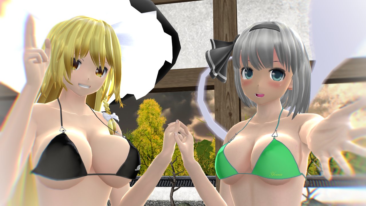 2023 2girls 3d afternoon armpit bikini bikini_top black_bikini_top black_ribbon blonde_hair_female blue_eyes blurry_background blush breasts cleavage clouds duo_female duo_focus ghost green_bikini_top grey_hair_female hat hati_yukkuri_mmd headband holding_hands human jpeg light-skinned_female long_hair_female looking_at_viewer marisa_kirisame mmd one_arm_up open_mouth short_hair_female smiling_at_viewer sunset swimsuit tied_hair touhou trees white_bowtie wisp witch_hat yellow_eyes youmu_konpaku