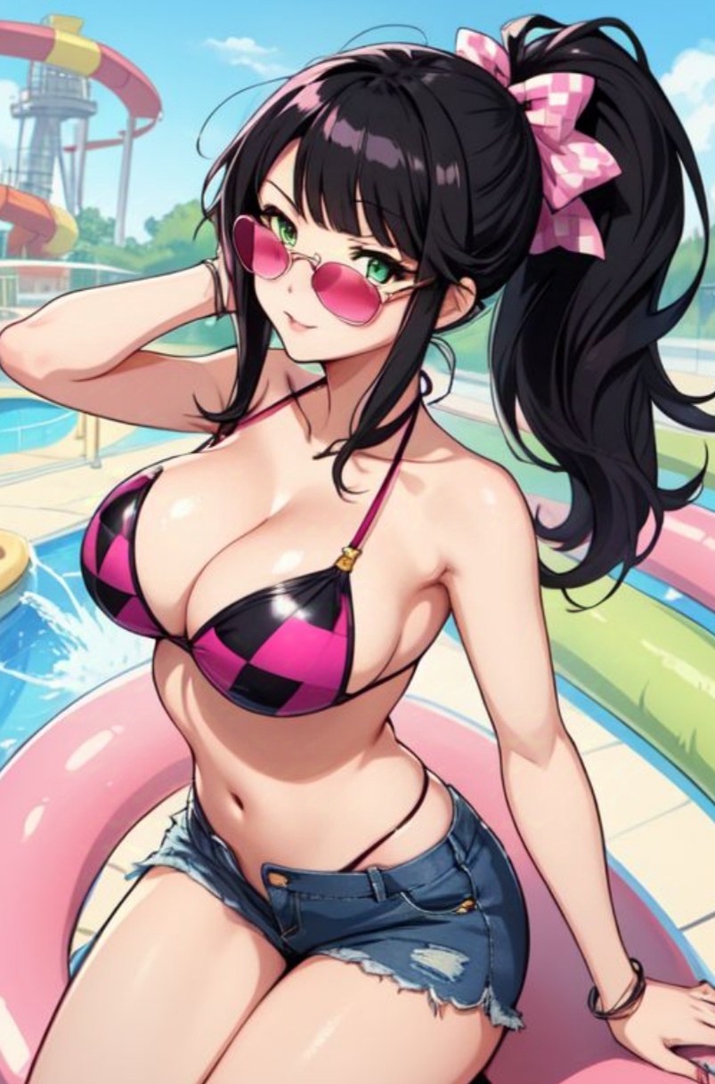 ai_art ai_generated big_breasts bikini bikini_top black_hair bow bracelets female girly green_eyes looking_over_eyewear looking_over_sunglasses open_shorts pink_bikini pink_bow ponytail shorts sunglasses thong thong_bikini thong_straps tinted_eyewear waterpark