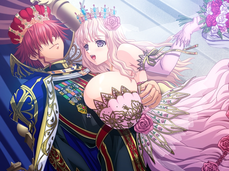 10s 1boy 1girls bare_shoulders blonde_hair blush breast_press breasts crown dress female flower game_cg gloves huge_breasts king kyonyuu_fantasy luceria_von_diamante male medal open_mouth queen red_hair ryuuto_henge skindentation wedding_dress wholesome