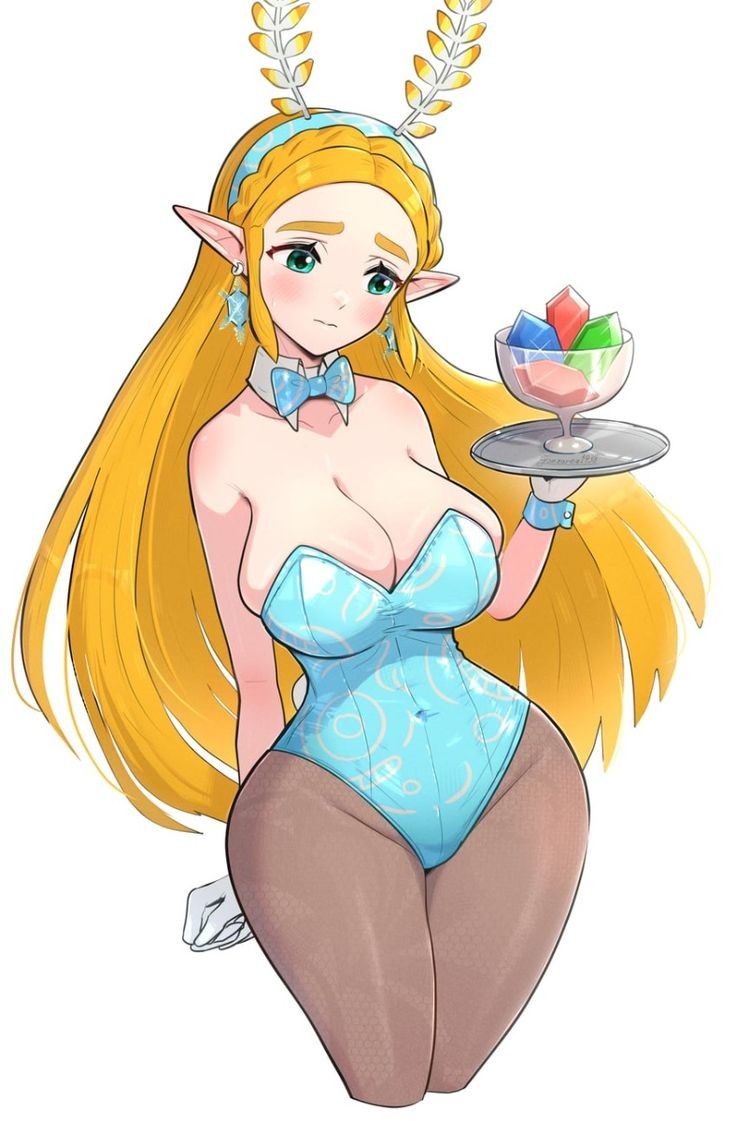 big_breasts big_hips blonde_hair blush bunny_costume bunnysuit earrings gonzarez green_eyes long_hair looking_down pointy_ears princess_zelda rupees serving_tray shy small_waist tears_of_the_kingdom the_legend_of_zelda unsure white_background zelda_(breath_of_the_wild) zelda_(tears_of_the_kingdom)