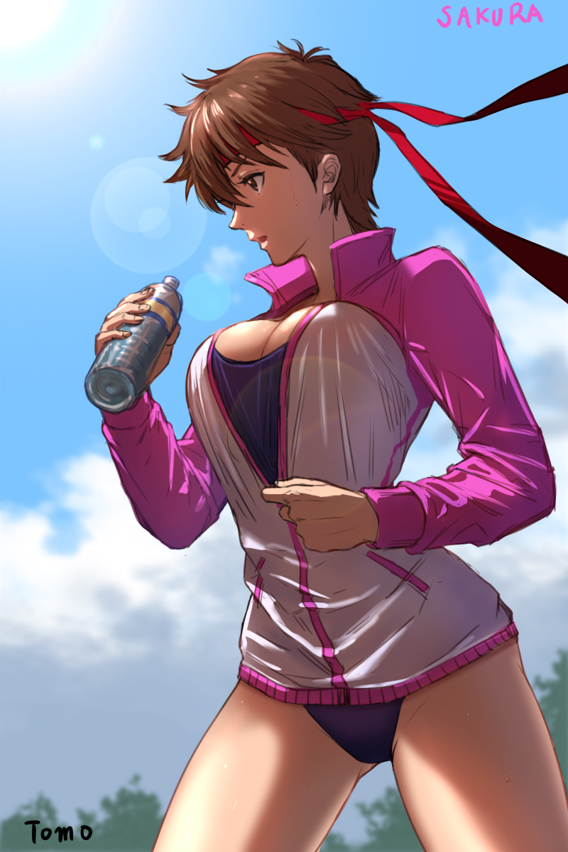 1girls artist_name blue_sky bottle breasts brown_eyes brown_hair buruma character_name cleavage cloud cowboy_shot day female headband highres jacket kasugano_sakura large_breasts lens_flare long_sleeves open_mouth outdoors red_headband sakura_kasugano short_hair sky solo sportswear street_fighter sun sweat thighs tomo_eokaiteru track_jacket unzipping water_bottle zipper