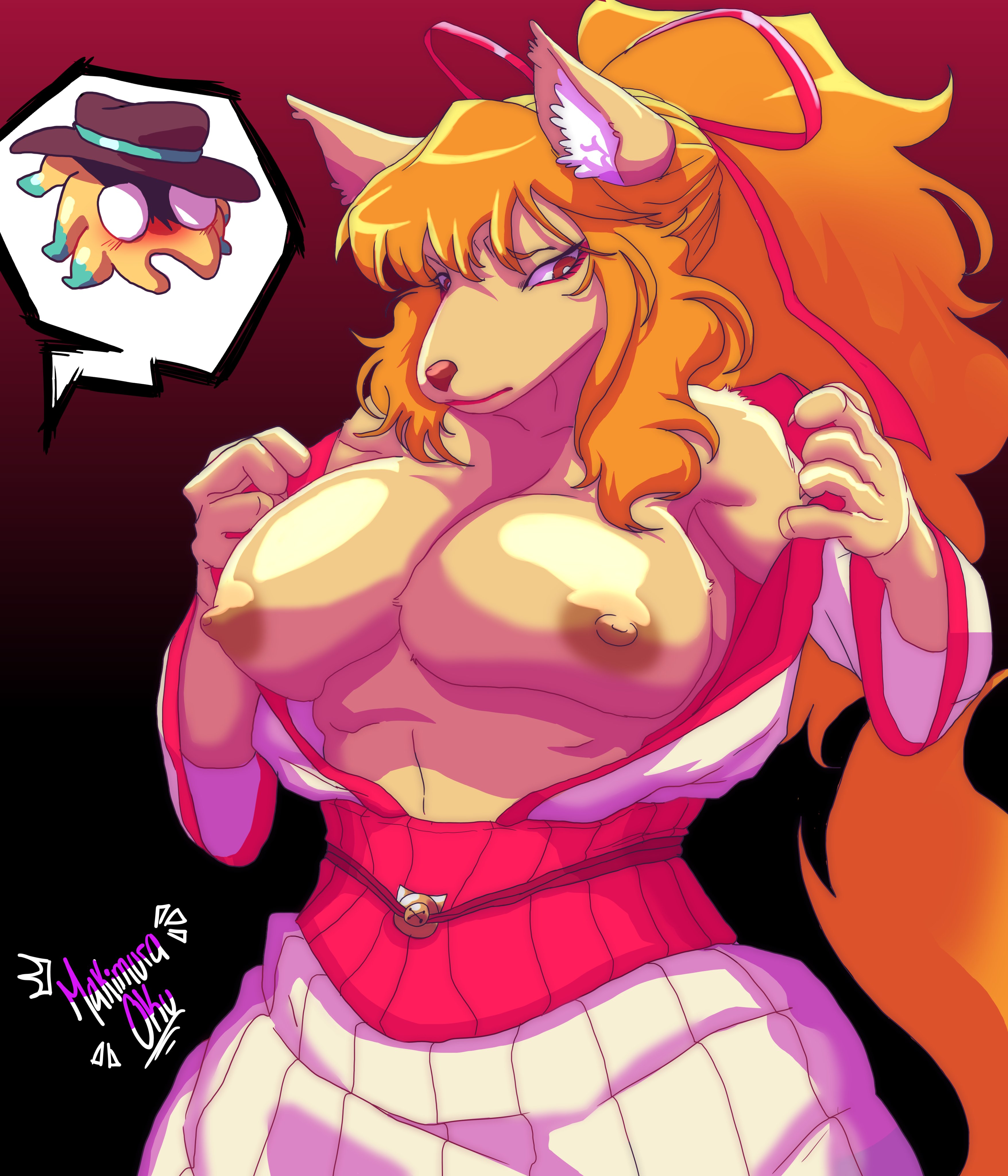 1boy, 1girls, artist signature, bell, blush, breasts, ceroba (undertale yellow), ceroba ketsukane, claws, cowboy hat, ear tuft, female, fox, friends, fur, hair, hair ornament, hair ribbon, kimono, kristhianquint4, long hair, looking away, male, nipples, open mouth, orange hair, presenting breasts, removing clothing, simple background, starlo (undertale yellow), tail, tied hair, undertale, undertale yellow