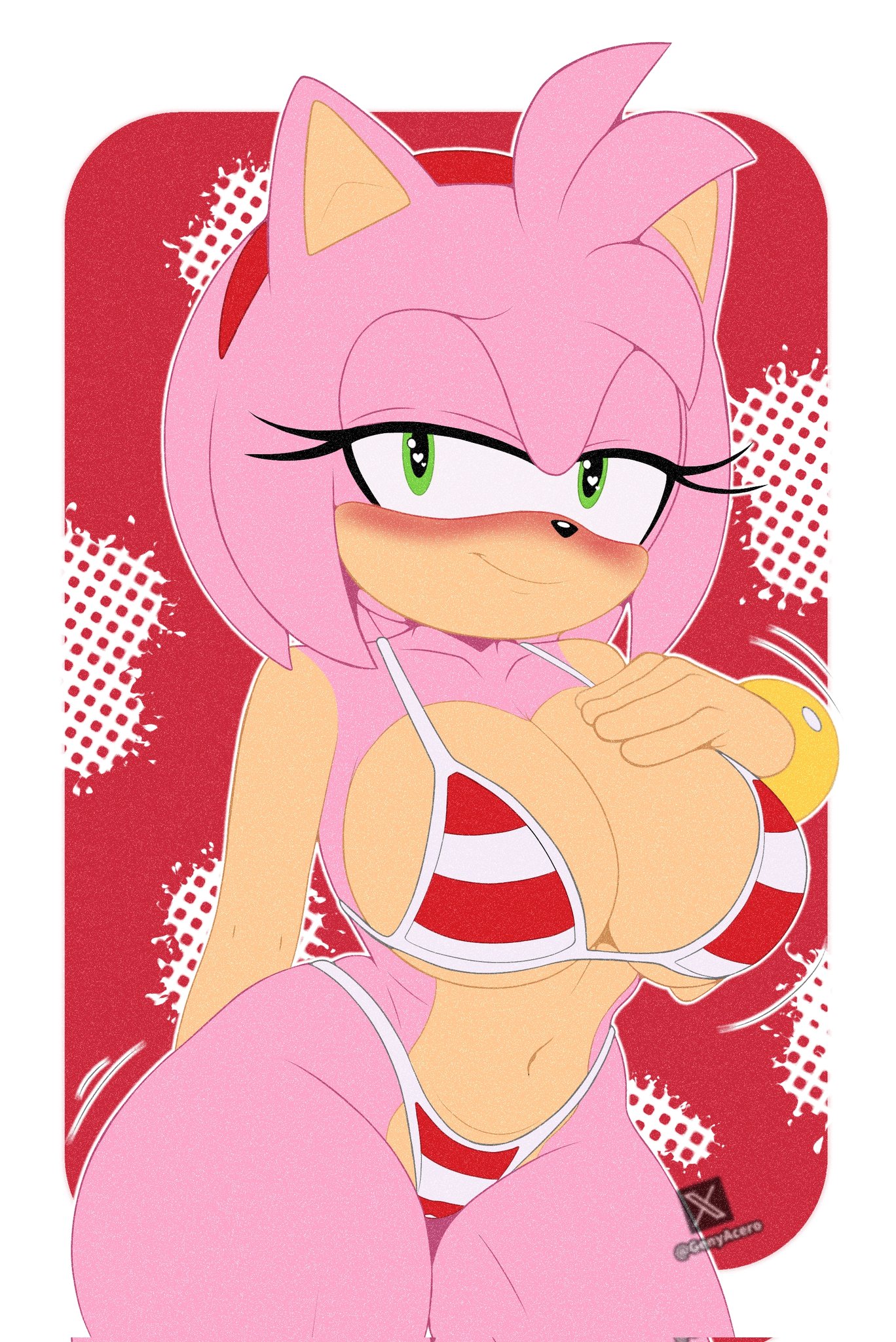 1girls, 2d, 2d (artwork), 2d artwork, amy rose, big ass, big boobies, big booty, big breasts, big thighs, blush, blushing at viewer, bracelet, genyacero, green eyes, hand on breast, hand on own chest, pink fur, pink hair, sega, sonic (series), sonic the hedgehog (series), swimsuit, tagme, thick thighs, wide hips, wide thighs