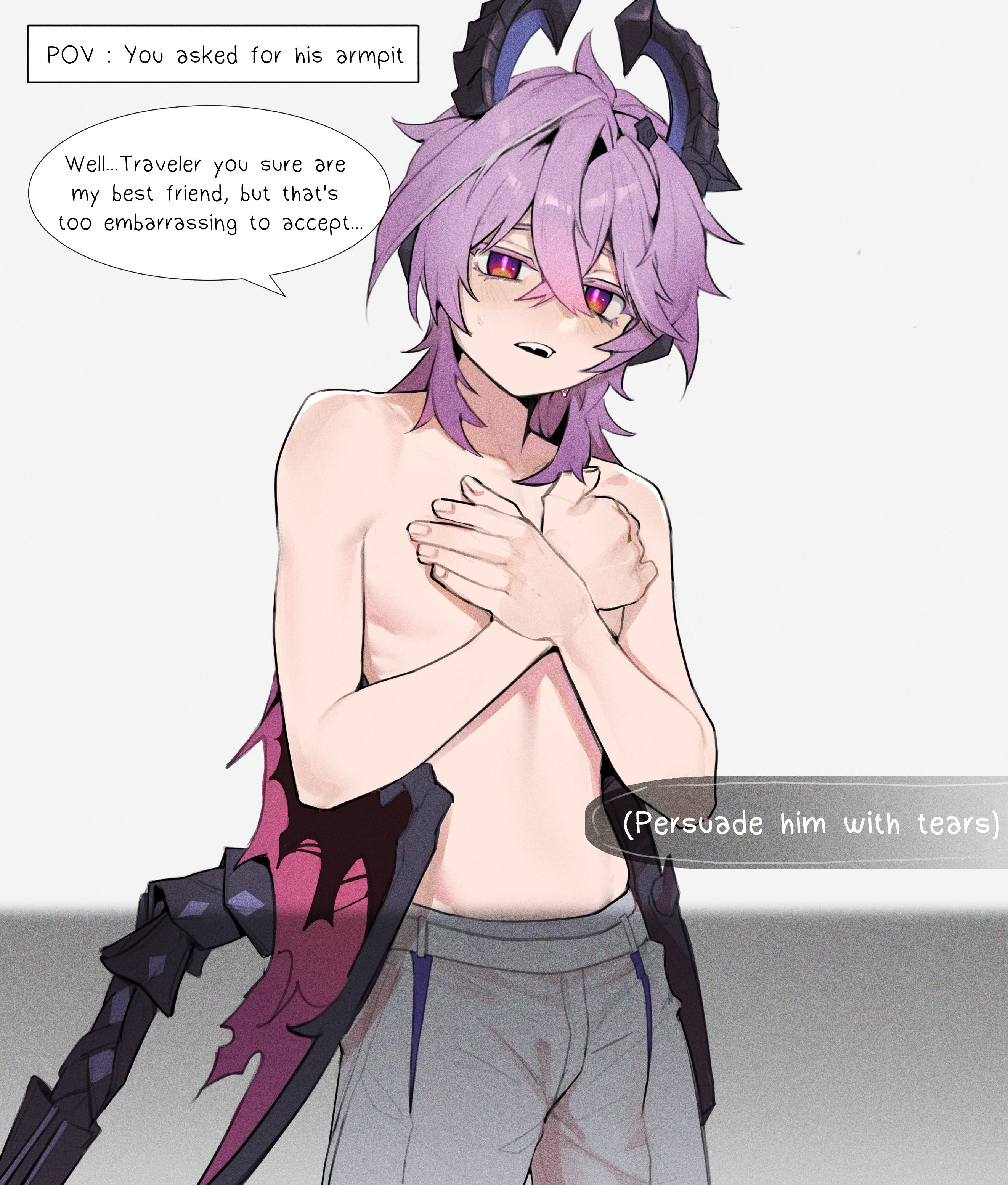 bana gameg, crossed arms, durin (genshin impact), english text, genshin impact, horns, light-skinned male, looking at viewer, male, male only, purple hair, shirtless, solo, speech bubble, twink