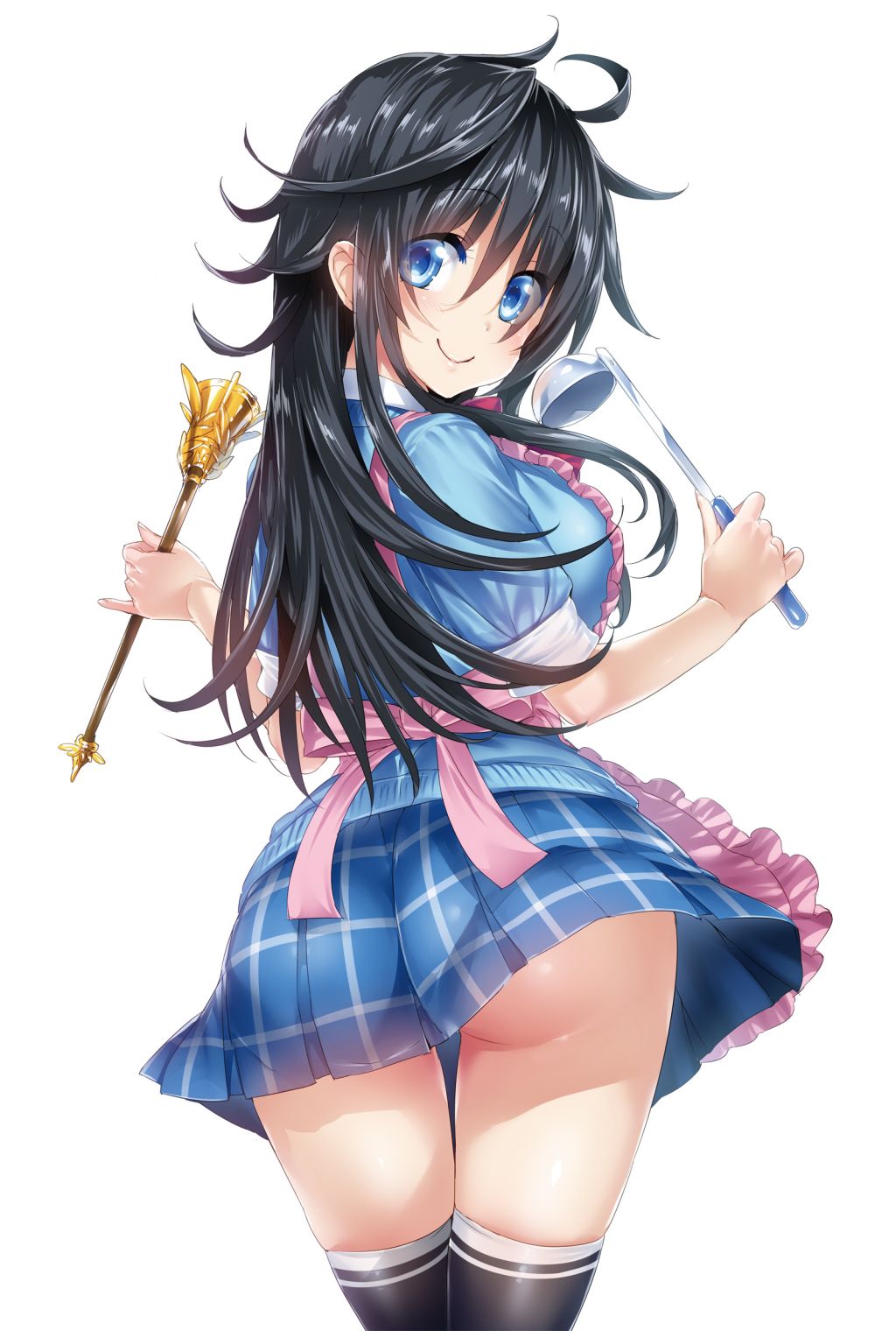 apron ass black_hair blue_eyes clothes clothing cute hisasi looking_back netoge_no_yome_wa_onna_no_ko_janai_to_omotta? see-through skirt skirt_lift smile staff stockings tamaki_ako thigh_gap