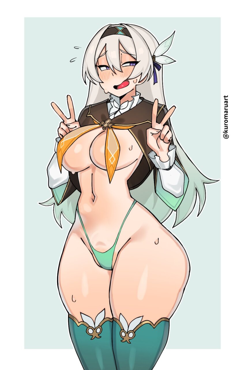 1girls, blush, breasts, covering breasts, firefly (honkai: star rail), gradient eyes, gradient hair, hair ornament, headband, honkai (series), honkai: star rail, kuromaruart, large breasts, long hair, looking away, nervous, nervous smile, open mouth, open smile, panties, partially clothed, peace sign, silver hair, sweatdrop, thighhighs, thighs