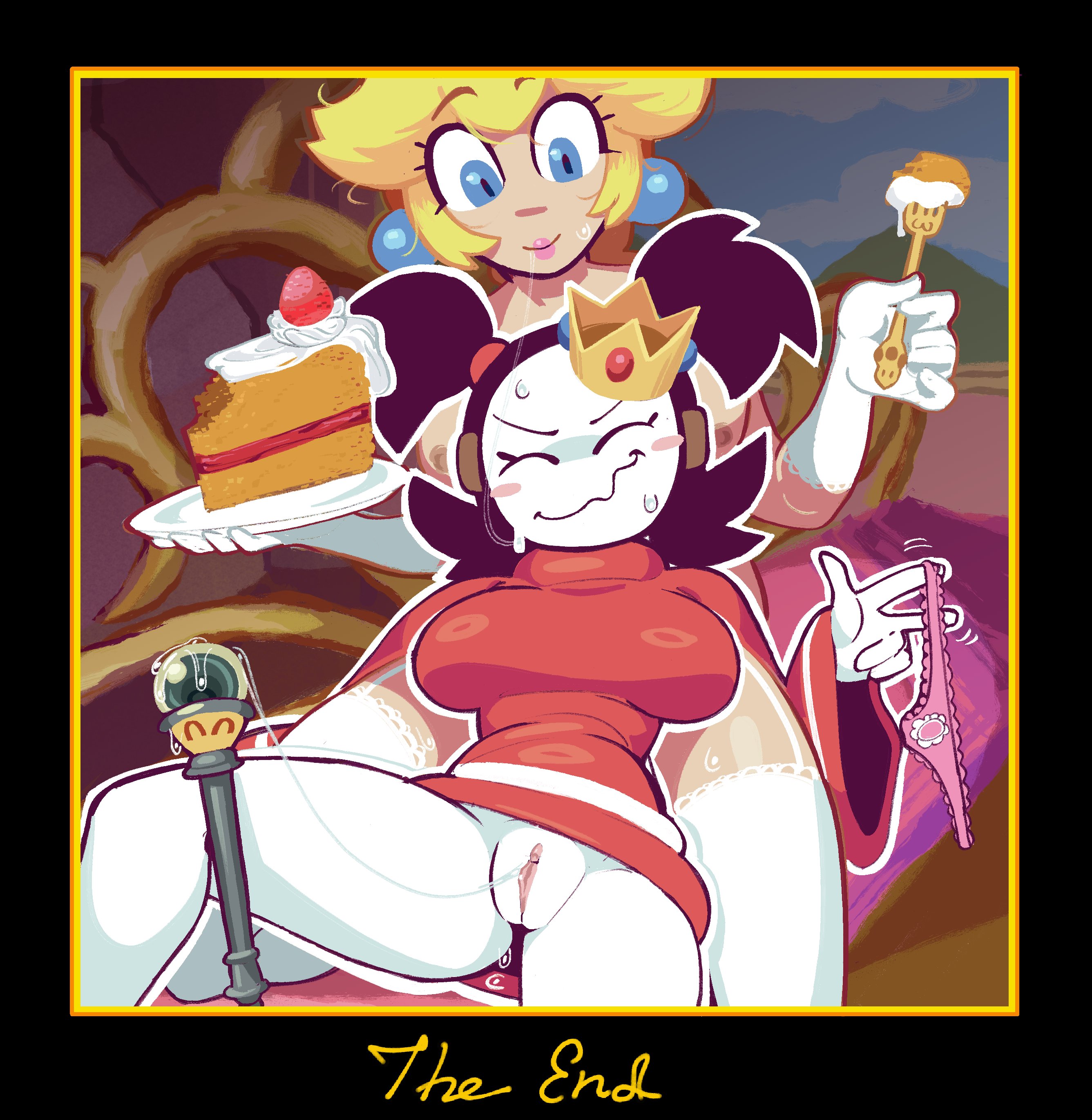 bandit (mario), black hair, cake, drool string, loopsdaloop, mario (series), oc, princess peach, sadie (genocityzone), super mario 64, super princess peach, vibe scepter