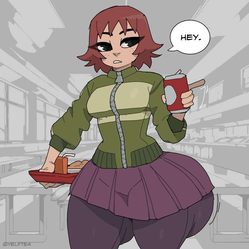 1girls, 2d, 2d (artwork), ass, auburn hair, big ass, black eyes, cafeteria, can, colored, dialogue, drink can, english text, female, female only, food, green sweater, holding, holding can, juice, juice box, kim pine, purple pants, purple skirt, scott pilgrim, scott pilgrim takes off, simple background, skirt, soda, soda can, text, thick thighs, thighs, yelftea