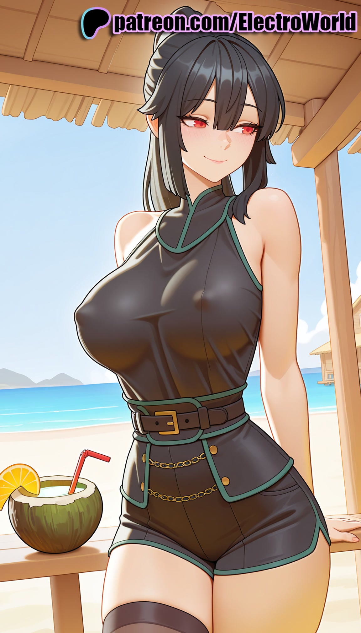 1girls, 2025, ai generated, artist name, beach, black hair, blue sky, boat, breasts, bust, chest, day, electroworld, female, food, fruit, hi res, high quality, high resolution, highres, horizon, jasmine flamesworth, lemon, ocean, patreon, patreon username, red eyes, sand, sitting, sky, smile, solo, stable diffusion, swimsuit, table, the beginning after the end, water, watercraft, watermark, watermelon