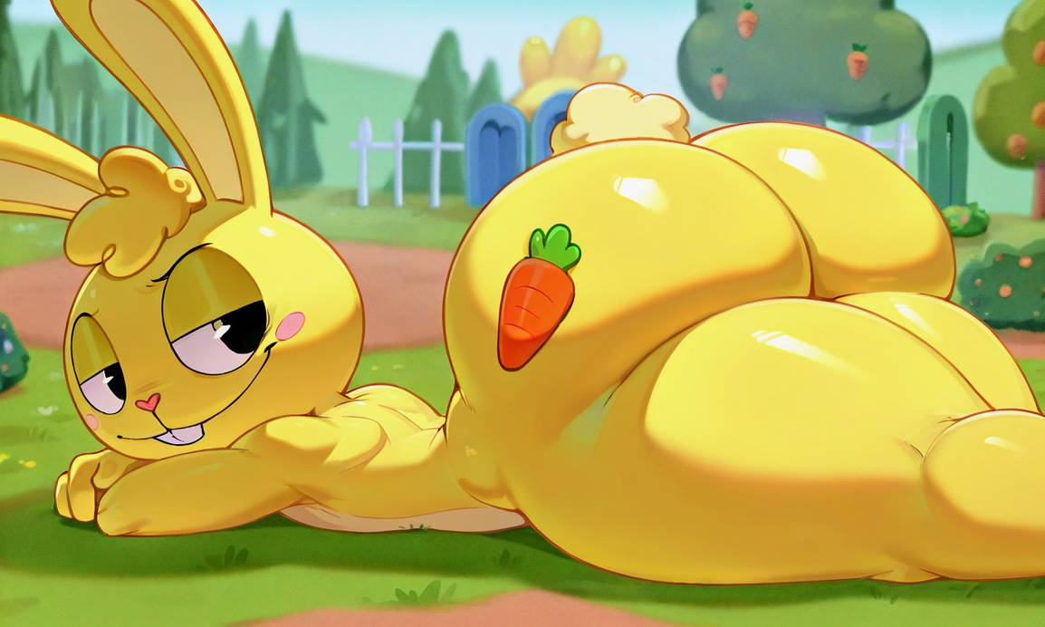 ai generated, ass, big ass, big butt, bunny, carrot, cuddles (htf), cute, femboy, fence, happy tree friends, kez-the-jetser, laying, laying on belly, looking at ass, looking at own ass, male, outdoors, rabbit, sexy, sexy ass, sexy butt, sexy pose, tree
