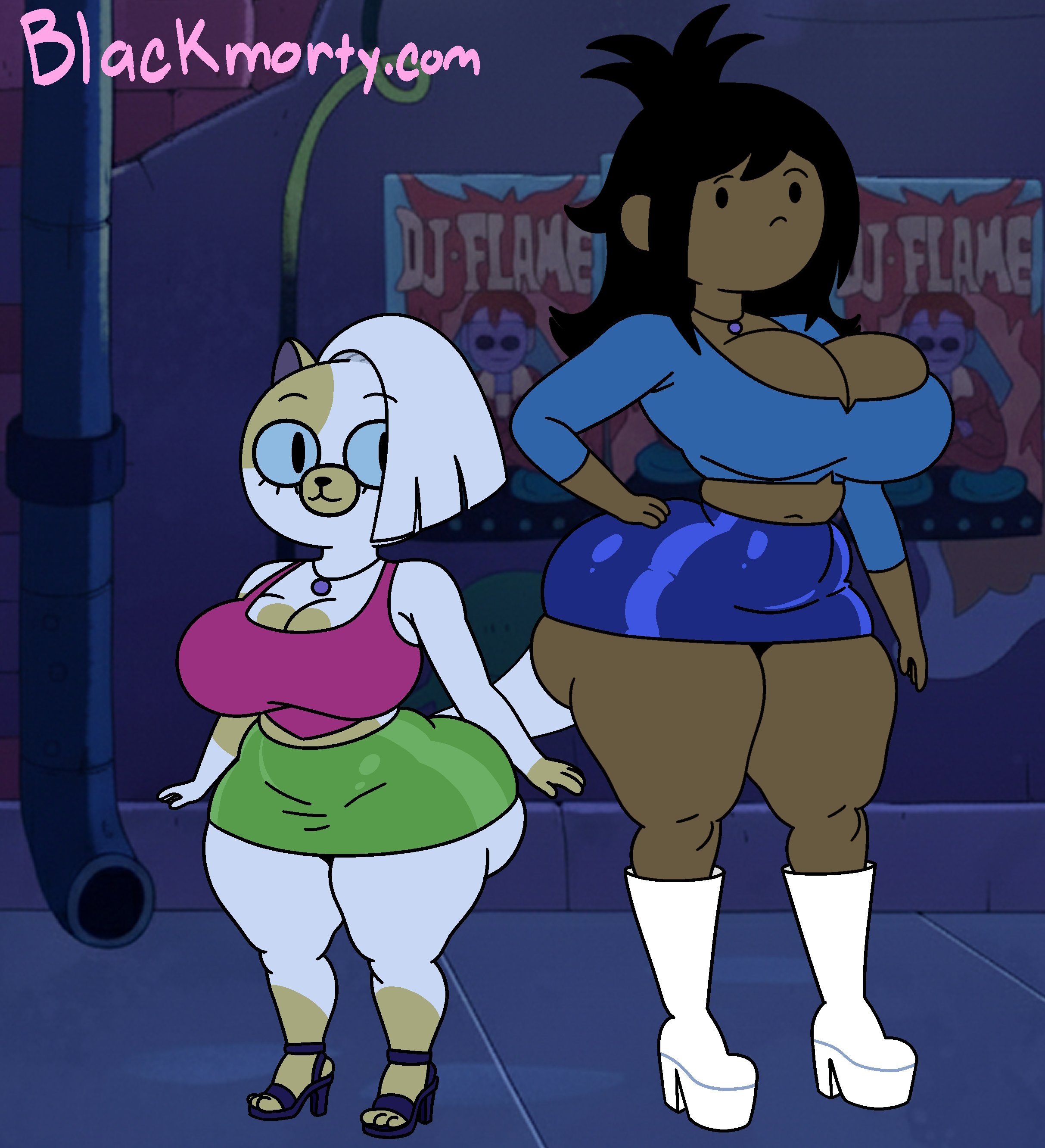 2girls, adventure time, adventure time: fionna & cake, alternate version available, artist name, big ass, big breasts, bimbo, black hair, blackmorty (artist), breasts, cake the cat, cake the cat (club outfit), cartoon network, curvaceous, curvy, curvy figure, dark skin, dark-skinned female, edit, feline, female, female focus, female only, fionna and cake, fionna campbell, fionna campbell (club outfit), fionna the human girl, furry, furry female, hand on hip, hbo max, huge ass, huge breasts, huge thighs, human, large ass, large breasts, long boots, miniskirt, night, outdoors, race swap, shortstack, skin edit, skin edit (female), thick thighs, thighs, wide hips
