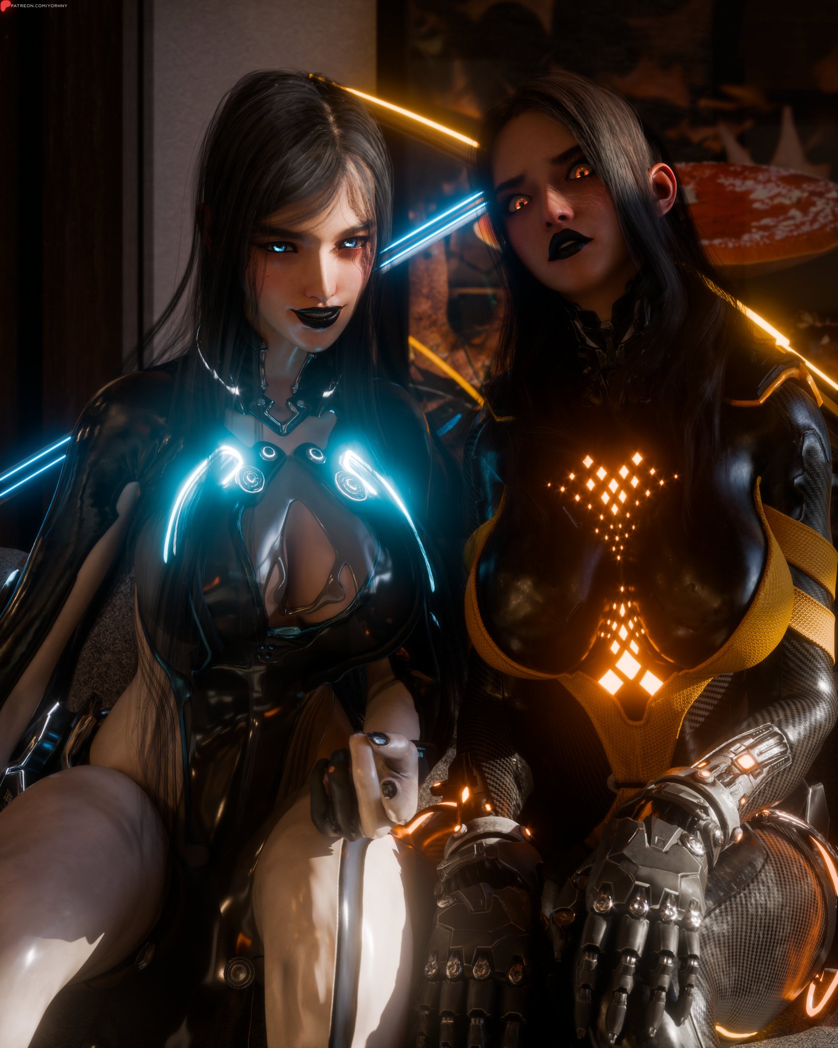 2girls, 3d, andro-eidos, ass, big ass, big breasts, big thighs, black lipstick, breasts, curvaceous, curvy, curvy figure, cyborg, female, gynoid, hips, hourglass figure, huge thighs, humanoid, large ass, large thighs, legs, light skin, light-skinned female, mature, mature female, raven (stellar blade), shift up, slim waist, stellar blade, tachy (stellar blade), thick, thick hips, thick legs, thick thighs, thighs, voluptuous, waist, wide ass, wide hips, wide thighs, yorhny