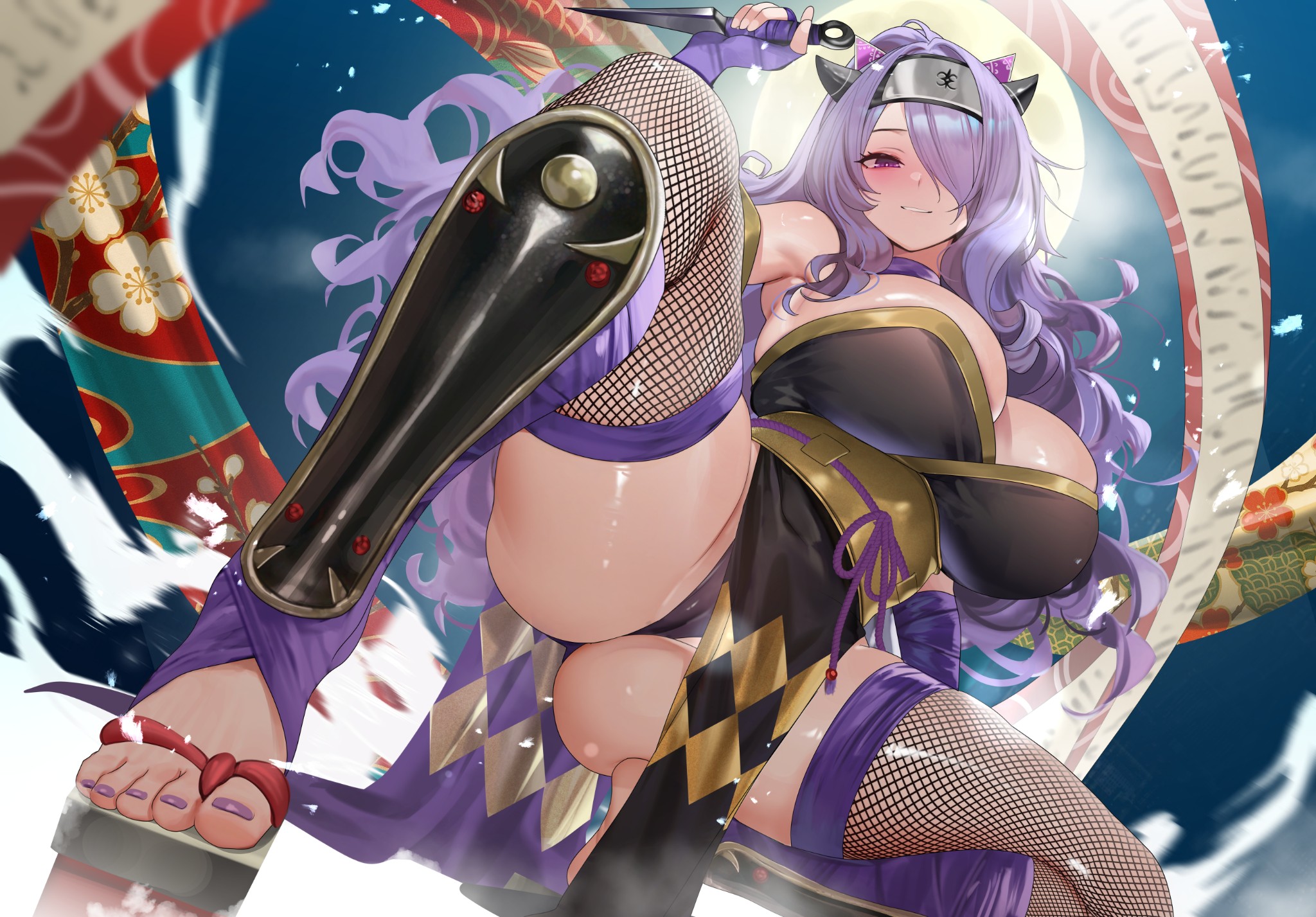 ass, big ass, blush, breasts, camilla (fire emblem), clothed, clothed female, fingerless gloves, fire emblem, fire emblem heroes, fishnets, from below, gloves, large breasts, looking at viewer, ninja, purple gloves, purple hair, teddypocky, thick thighs, thighs