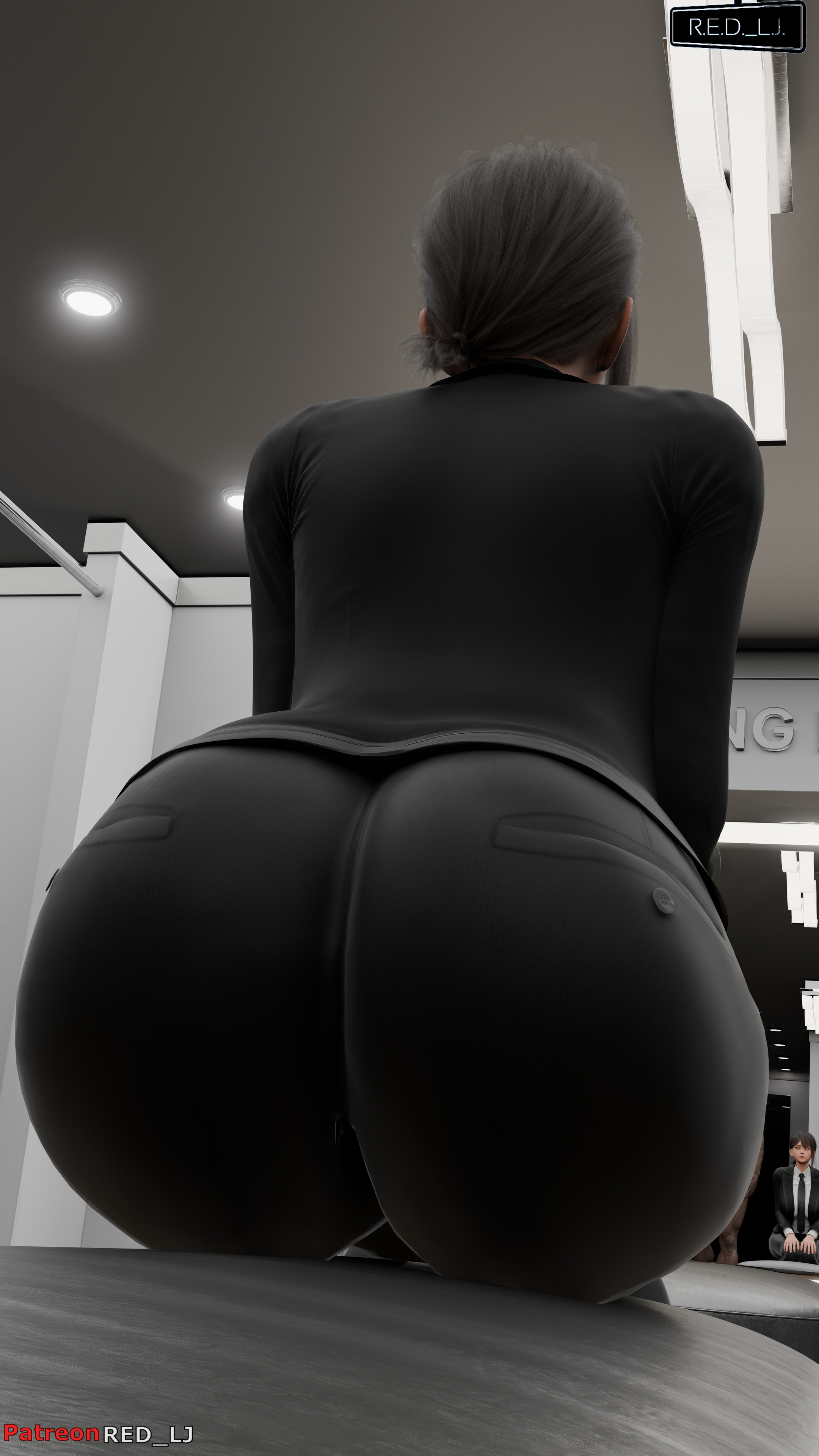 1girls, 3d, 3d (artwork), ass, ass focus, blender (software), chainsaw man, female, from behind, higashiyama kobeni, kobeni higashiyama, office clothing, office lady, patreon, red lj, tied hair