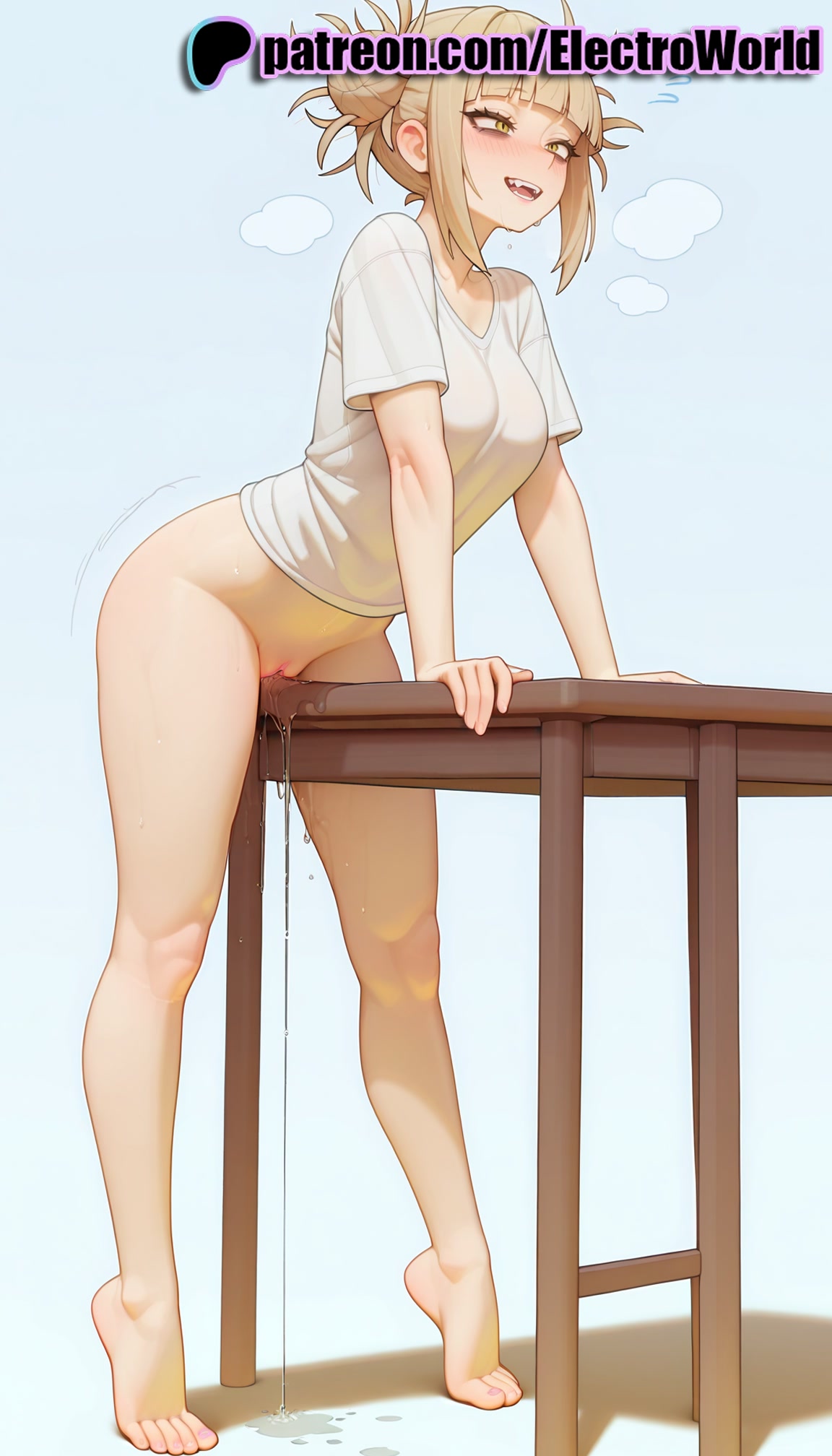 1girls, 2025, ai generated, artist name, barefoot, blonde hair, blonde-haired female, blunt bangs, blush, boku no hero academia, bottomless, breasts, bust, chair, chest, double bun, electroworld, feet, female, gradient, gradient background, hi res, high quality, high resolution, highres, himiko toga, my hero academia, open mouth, patreon, patreon username, pussy juice, railing, shirt, smile, solo, stable diffusion, table, toes, toga himiko, watermark, yellow eyes