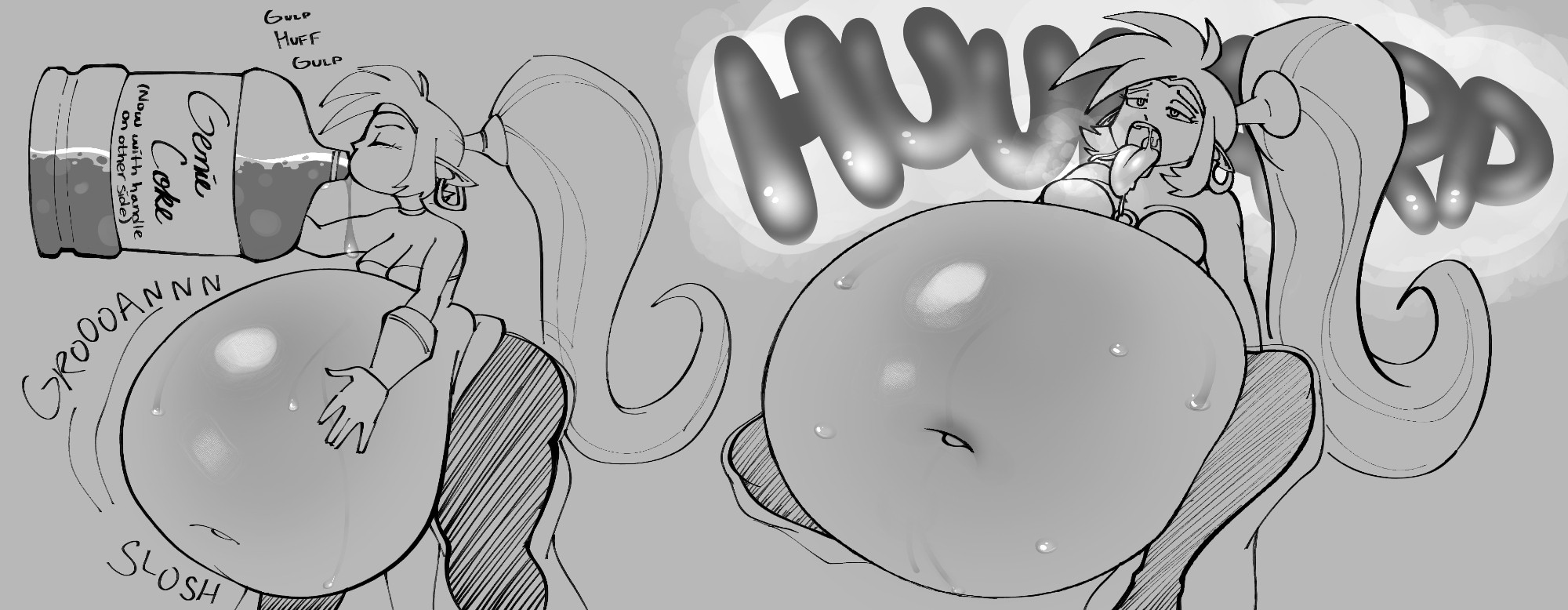 1girls, before and after, belly blush, big ass, blackjackart, bluesky link, bracer, burp, burp fetish, burping, clothed, drinking, earrings, fanart, female, fetish, genie, genie girl, groaning belly, gulp, gulp (sound effect), hair ornament, half genie, half-closed eyes, holding belly, huff, huge belly, inflation, line art, liquid inflation, navel, non nude, pointy ears, ponytail, shantae, shantae (character), sloshing belly, soda, soda inflation, solo, sound effects, sweat, sweatdrop, text, tongue, tongue out