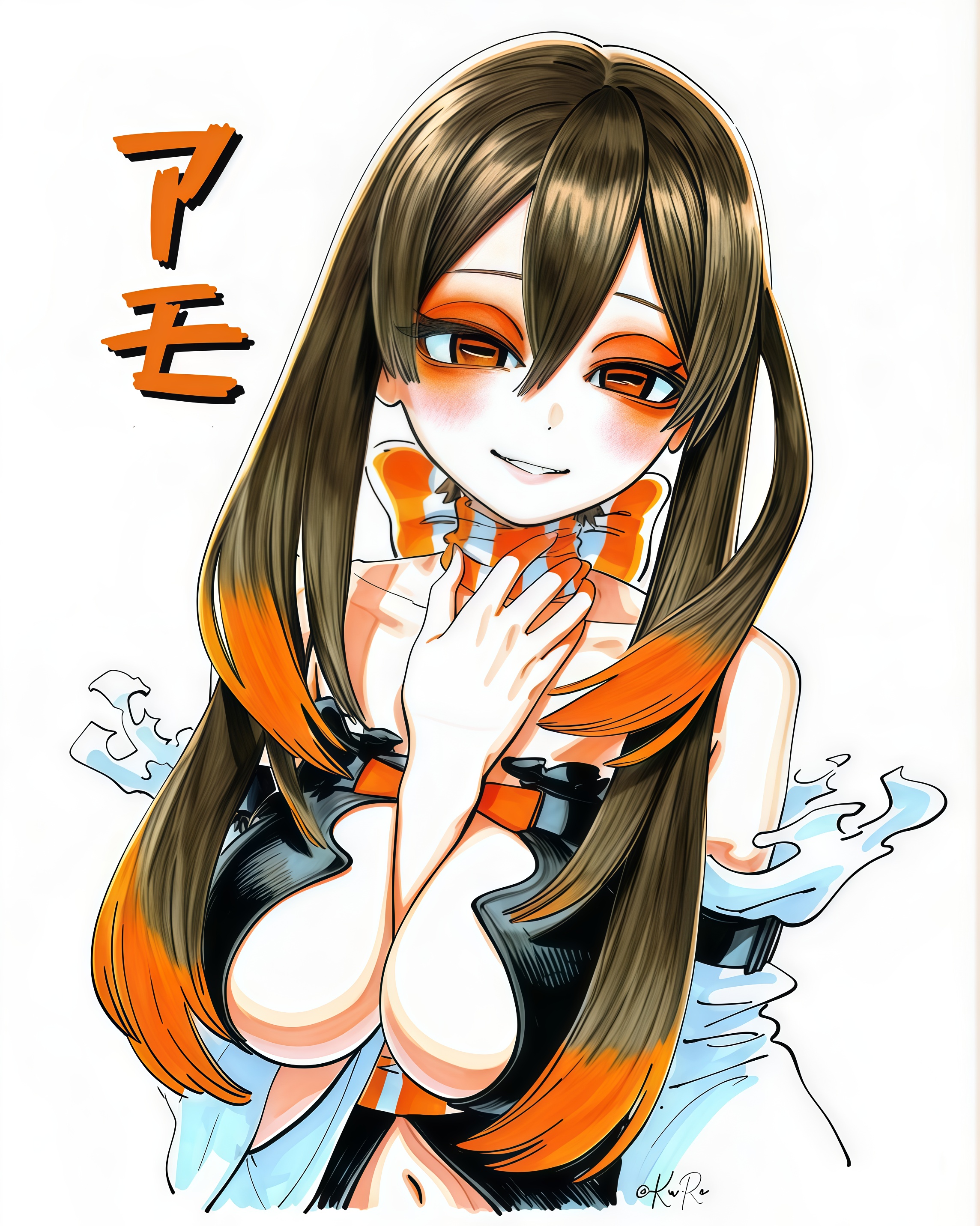 1girls, amo empool, belly button, big breasts, black hair, blush, blush lines, blushing at viewer, blushing female, breasts, breasts bigger than head, breasts bigger than torso, breasts focus, breasts out, clothed, clothed female, curvy body, curvy female, curvy figure, fanart, gachiakuta, gigantic boobs, gigantic breasts, hand between breasts, huge boobs, huge breasts, large boobs, large breasts, light skin, light-skinned female, massive boobs, massive breasts, orange eyes, orange hair, perfect body, ponytail, sexy, sexy body, smile, smiley face, smiling, smiling at viewer, solo, solo female, solo focus, white body