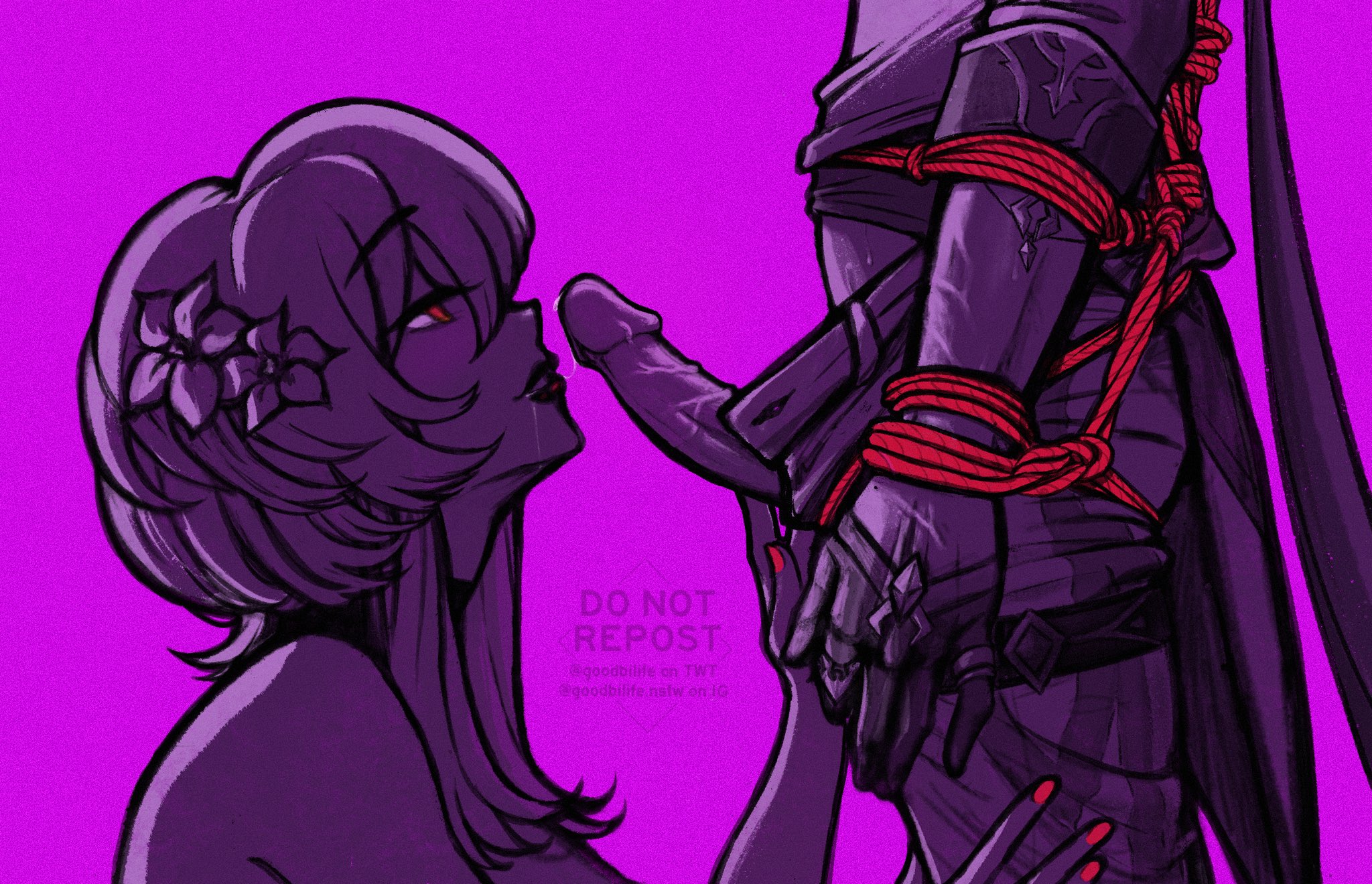 bondage, childe (genshin impact), erect penis, erotic, female, genshin impact, goodbilife, lumine (genshin impact), male, oral sex, tartaglia (genshin impact), tied