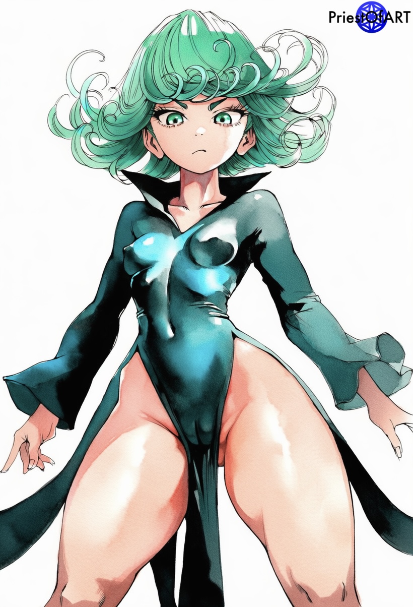 1girls, ai generated, cameltoe, dress, female, female only, green dress, green eyes, green hair, one-punch man, priestofart, shiny, short hair, small breasts, solo, solo female, tatsumaki, watercolor, watercolor (artwork), watermark, white background