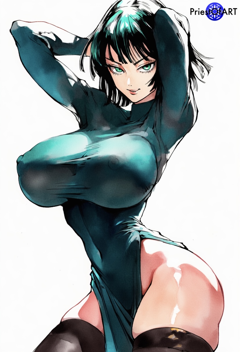 1girls, ai generated, arms up, big breasts, busty, curvy, curvy figure, dress, female, female only, fubuki (one-punch man), green dress, green eyes, green hair, huge breasts, narrow waist, nipples visible through clothing, one-punch man, priestofart, shiny, short hair, solo, solo female, standing, stockings, thick thighs, thighhighs, watercolor, watercolor (artwork), watermark, white background, wide hips