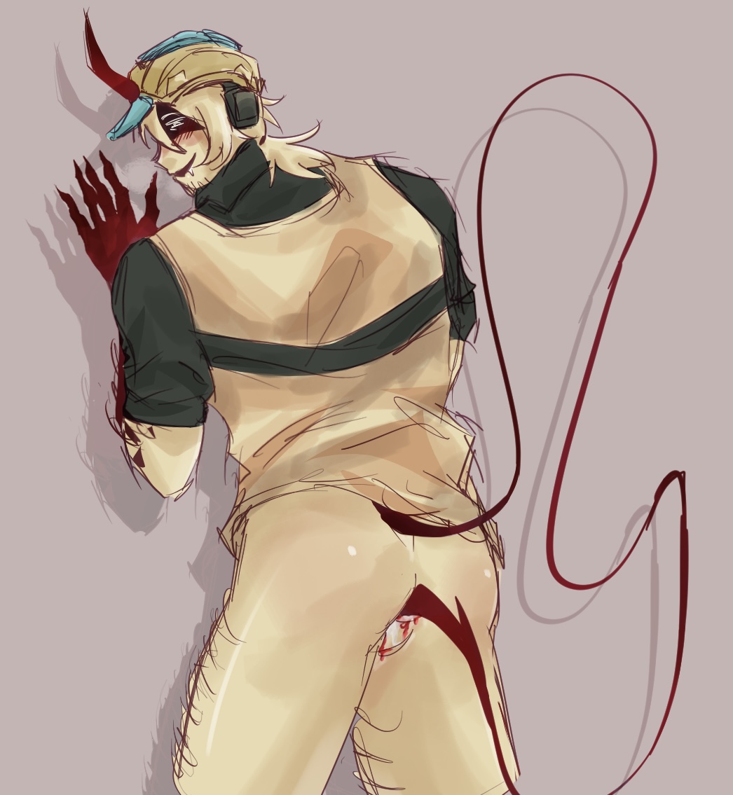 1boy, ass, ass focus, bleeding from anus, block tales, blood, builderman, builderman (block tales), cn1dihriia, cum in ass, demon, demon tail, drooling, half-dressed, hatred (block tales), horns, male only, masturbation, possession, roblox, roblox game, robloxian, self upload, solo, solo male, tail, tail in ass, tail insertion