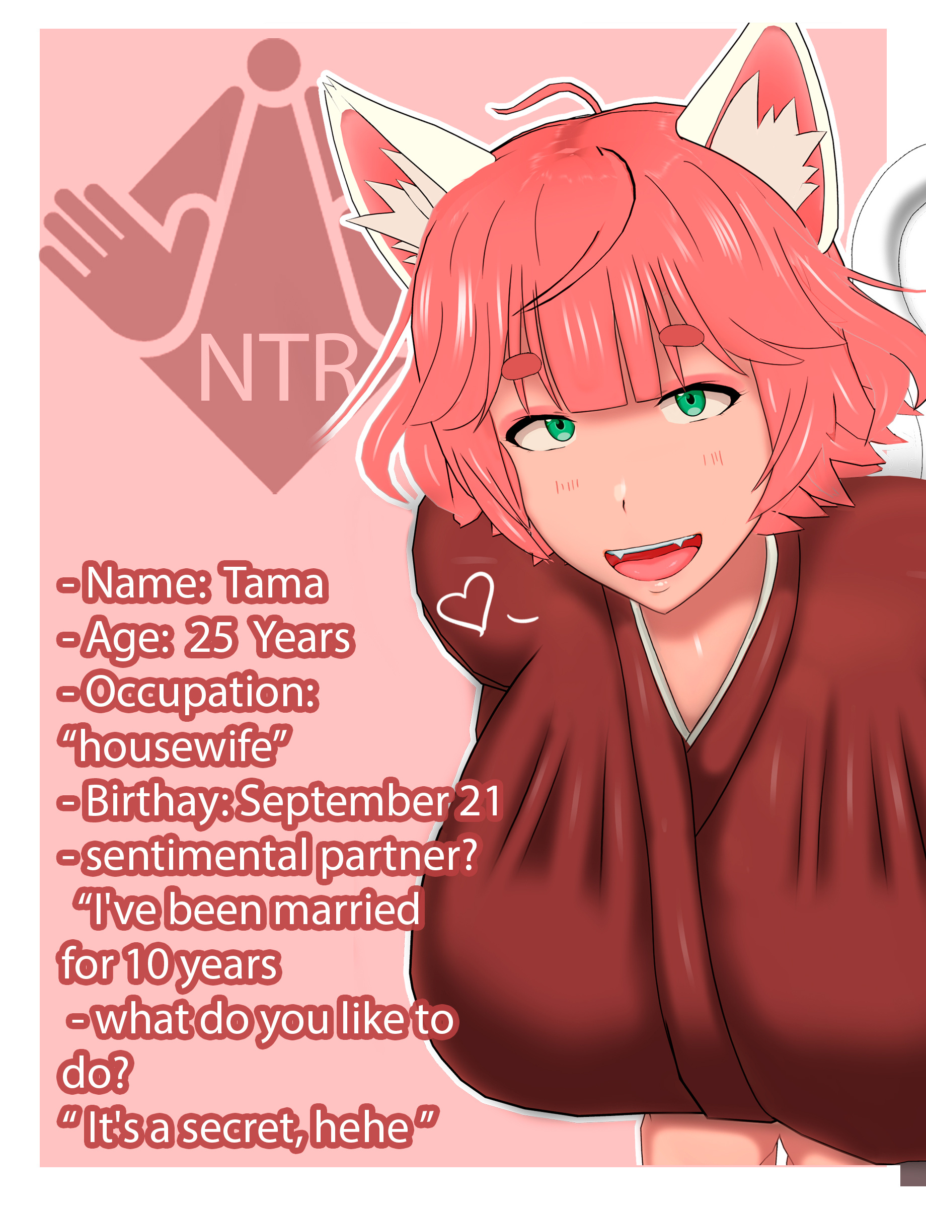 :d, 1girls, 3d, absurd res, absurdres, animal ears, big breasts, breasts, cat ears, cat girl, cat tail, character sheet, dialogue, english text, green eyes, heart, hi res, high resolution, highres, huge breasts, kimono, looking at viewer, married female, mature, mature female, milf, open mouth, open smile, original, pink hair, pov, tama (vyrus smith), text, vyrus smith