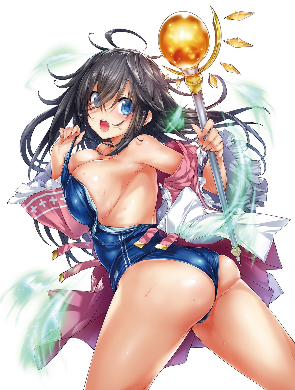 1girls artist_request ass big_breasts black_hair blue_eyes breasts clothing female female_only netoge_no_yome_wa_onna_no_ko_janai_to_omotta? smile solo staff swimsuit tamaki_ako thighs