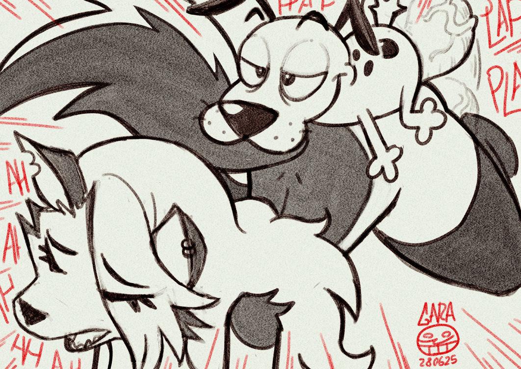 2025, anthro, balls, canid, canine, canis, cartoon network, closed eyes, courage, courage the cowardly dog, courage the cowardly dog (character), crossover, demon, domestic dog, female, furry, garabatoz, hellaverse, hellhound, helluva boss, huge balls, loona (helluva boss), male, open mouth, sex, size difference, tail, wolf, wolf girl