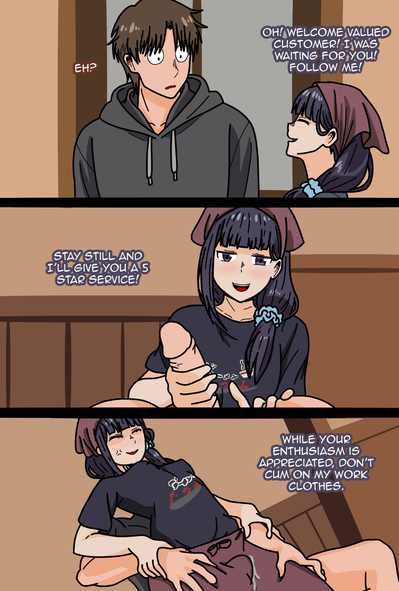 1boy, 1girls, apoelayoshi7, cock, dick, english text, female, gundou misuzu, handjob, kubota junichirou, male, penis, talking, text, thigh sex, thighjob, tomo-chan wa onna no ko, woman