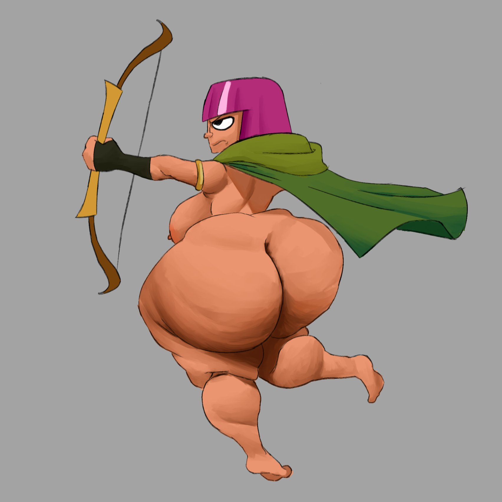 1girls, 2d, archer (clash of clans), backboob, barefoot, bbw, big ass, big breasts, bottom heavy, bow (weapon), breasts, cape, clash (series), clash of clans, clash royale, color, dynamic pose, fat ass, fat butt, female, female only, fingerless gloves, full color, giant ass, huge ass, huge breasts, huge thighs, jenny the archer (clash a rama), massive ass, nipple, nude, nude female, pink hair, rear view, simple background, solo, sykotikfuckerr, thick thighs, wide hips