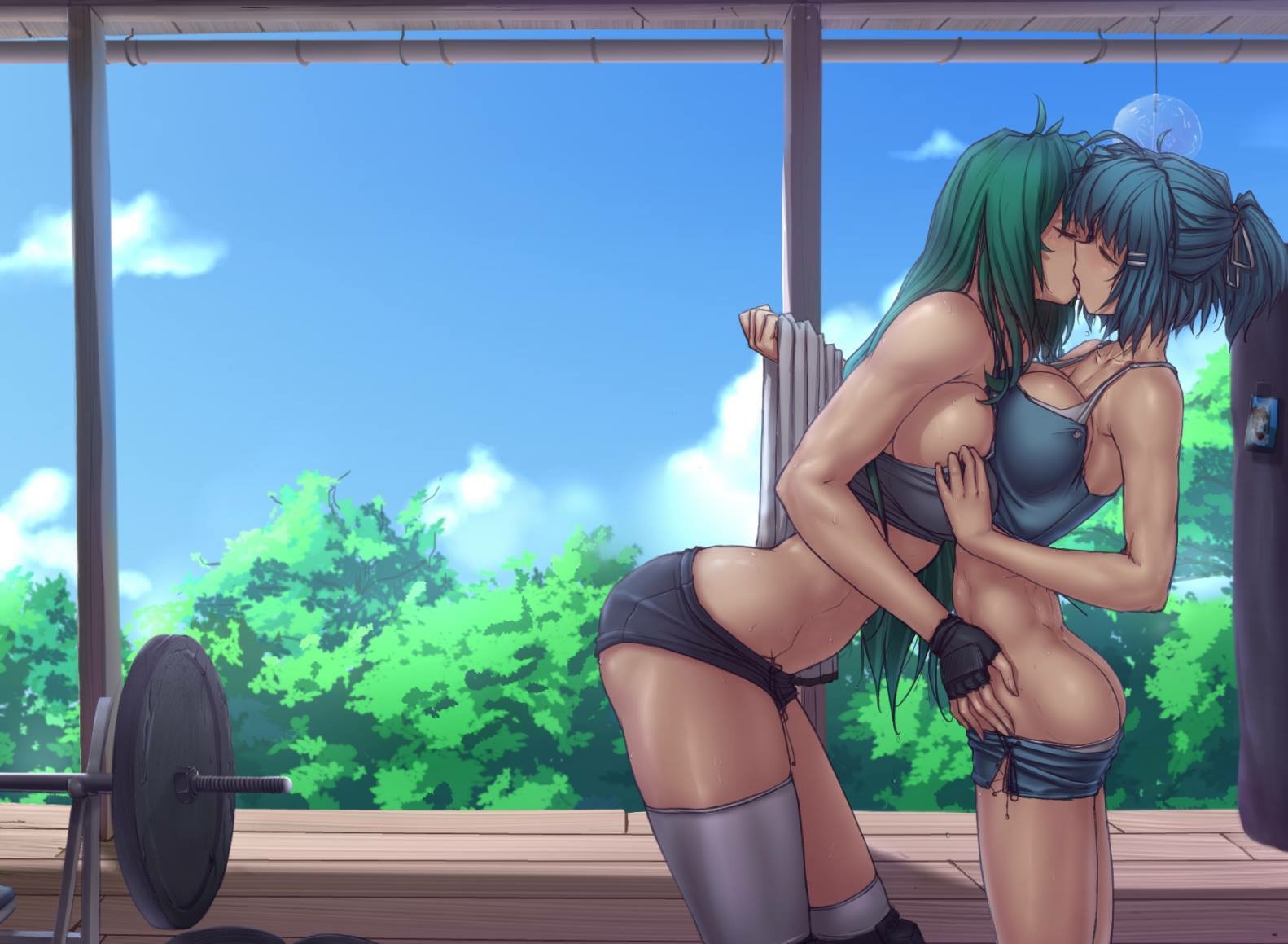 2girls, blue hair, breast press, breasts, female, fingerless gloves, green hair, gym, gym clothes, kissing, shorts, tagme, yuri