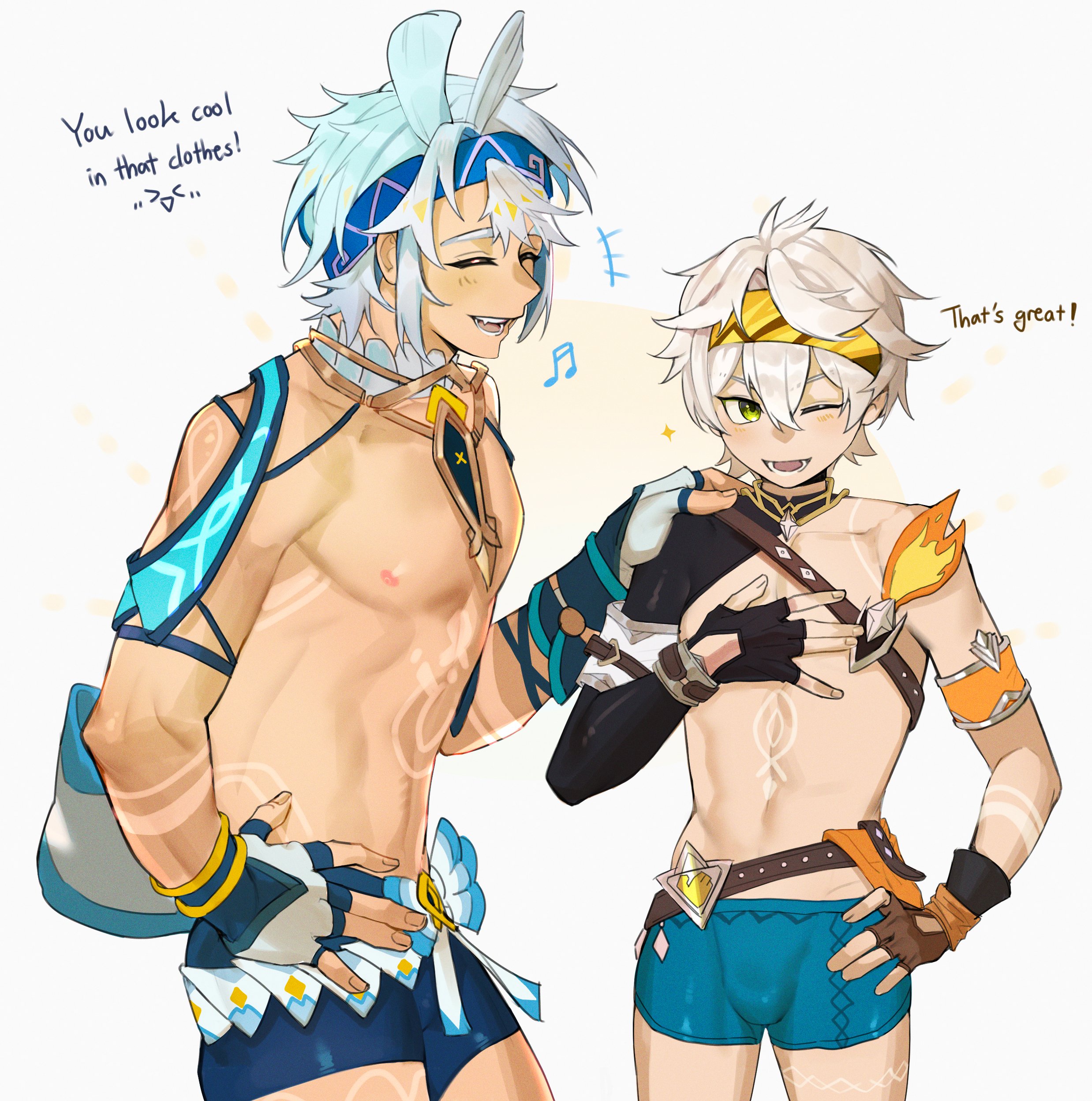 2boys, bana gameg, bennett (genshin impact), bulge, english text, genderswap (ftm), genshin impact, male, male only, mualani (genshin impact), muscular, muscular male, rule 63, shirtless, tanline, underwear