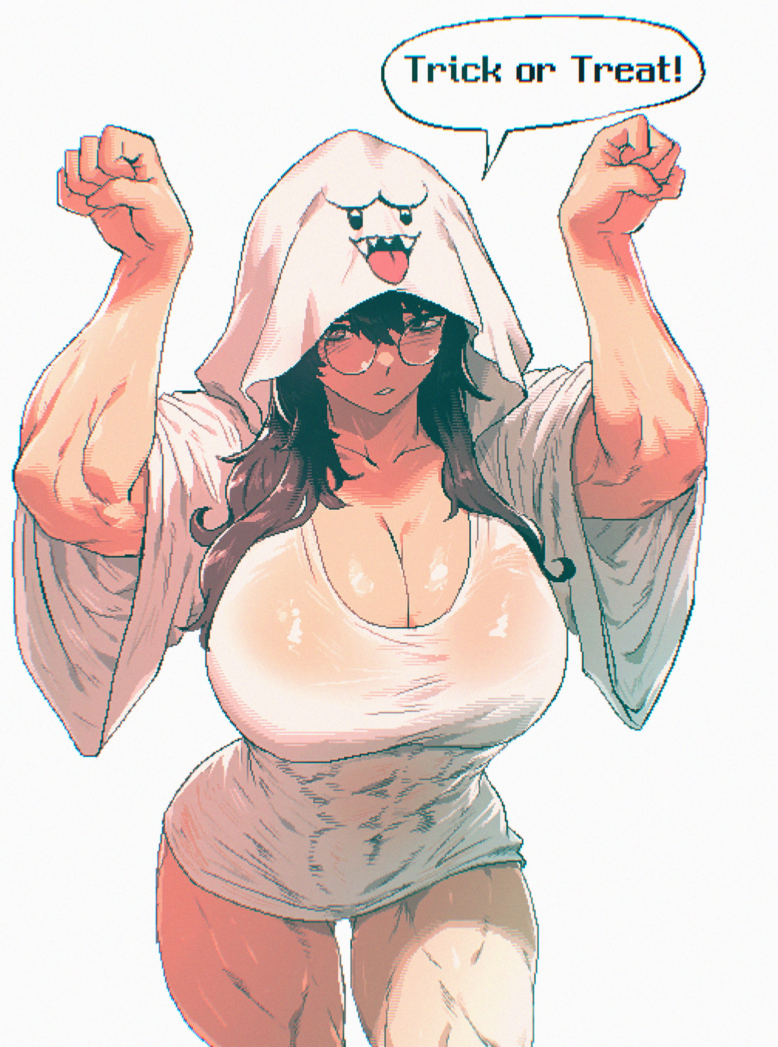 1girls, absurd res, breasts, brown eyes, brown hair, choi jinseon (spoiledmuffin), cleavage, english text, eyewear, female, ghost costume, glasses, halloween, hi res, large breasts, long hair, matching hair/eyes, muscular, muscular female, original, simple background, skin tight, solo, speech bubble, spoiledmuffin, white background