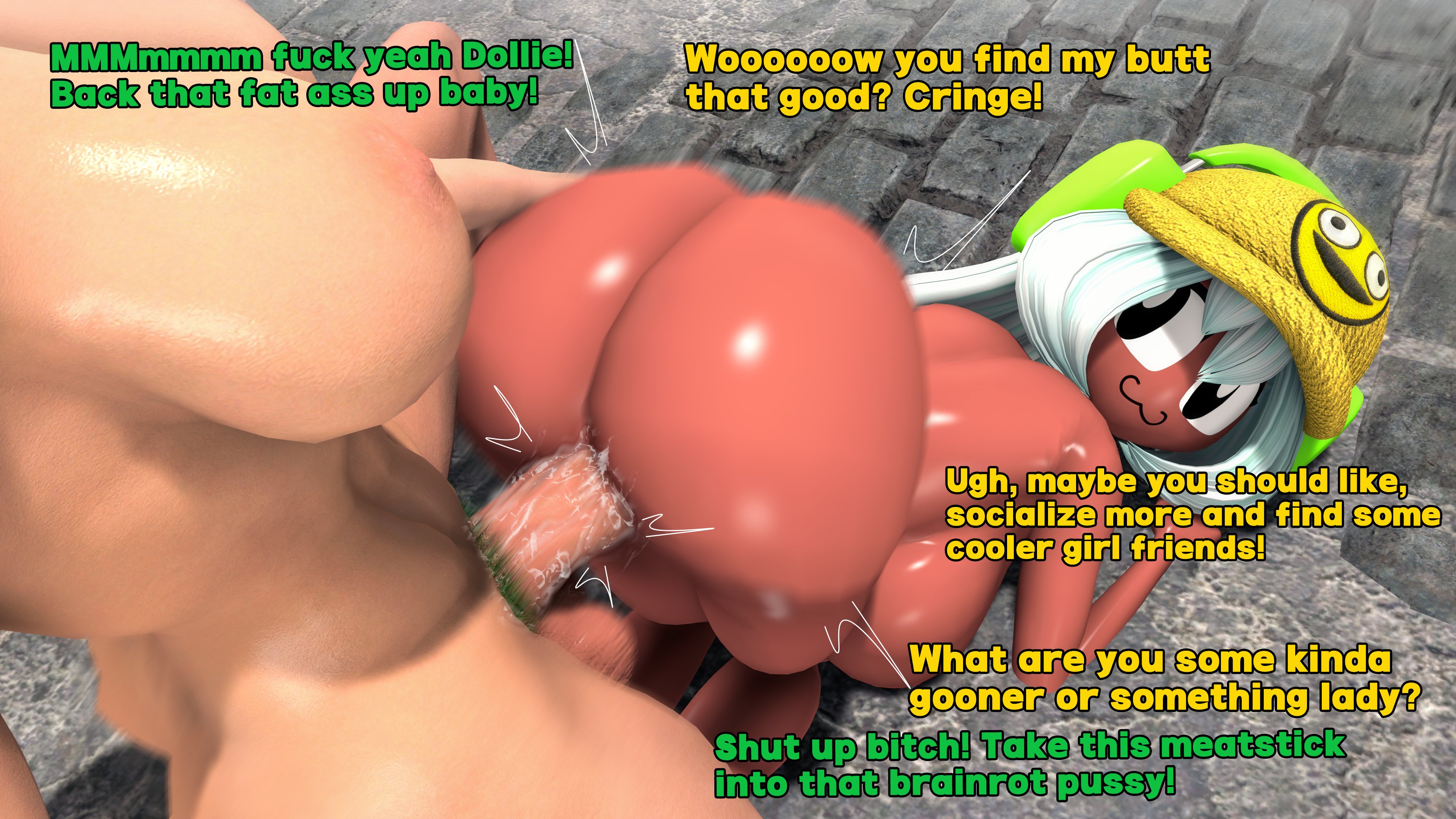 :3, 3d, brown body, dark skin, dark-skinned female, dialogue, dolly dimpley, interracial, interracial sex, interracial yuri, penetration, penile, penile penetration, penis, penis in pussy, pussy, sex, smiling friends, tagme, text, theboobedone, vagina, vaginal, vaginal penetration, vaginal sex, white female