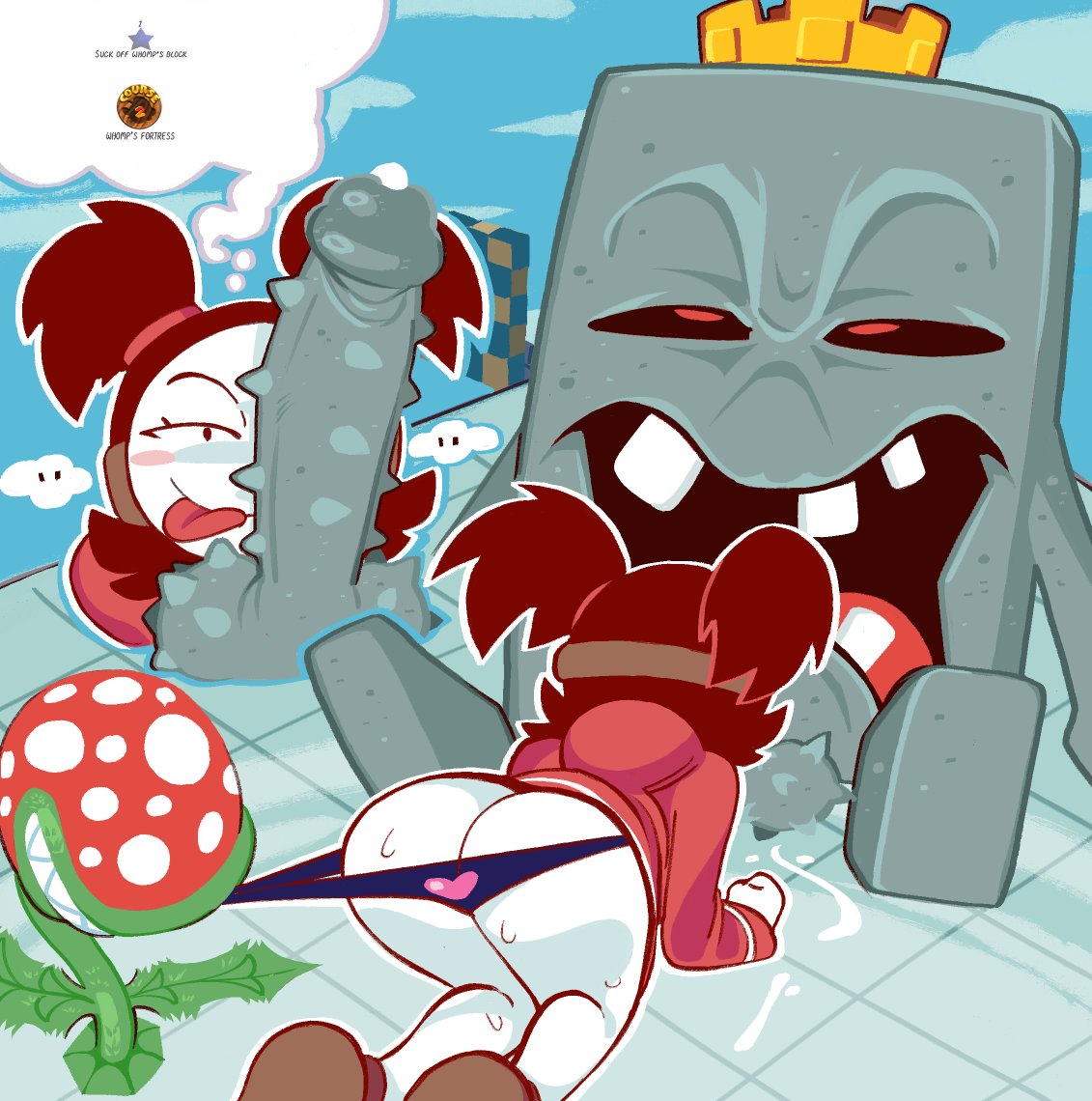 ass, bandit (mario), bent over, black hair, cum, heart, heart print panties, licking penis, loopsdaloop, mario (series), nintendo, oc, panties, piranha plant, pulling panties, sadie (genocityzone), super mario 64, whomp (mario), whomp king