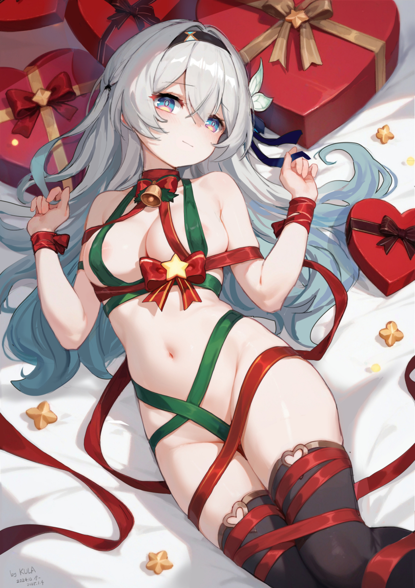 1girls, areolae, areolae slip, bell, bowtie, breasts, christmas wrapped, covered pussy, covering breasts, female focus, female only, firefly (honkai: star rail), gradient hair, hair ornament, headband, heart, honkai (series), honkai: star rail, kkkula (kula), large breasts, looking at viewer, multicolored eyes, on back, silver hair, smiling, smiling at viewer, solo, solo female, thighhighs, wrapped up