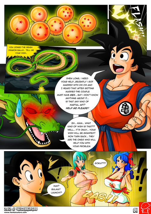 2girls, breasts, bulma briefs, clothed, comic, dragon ball, english text, female, goku, good launch, huge breasts, launch, multiple females, multiple girls, page 1, son goku, text, witchking00